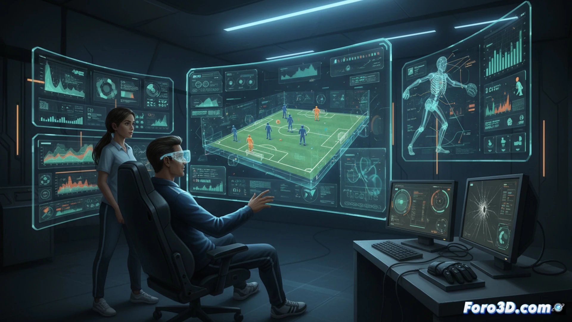 Analista deportivo usando gafas 3D y pantalla táctil para estudio táctico en sala iluminada con luz azul