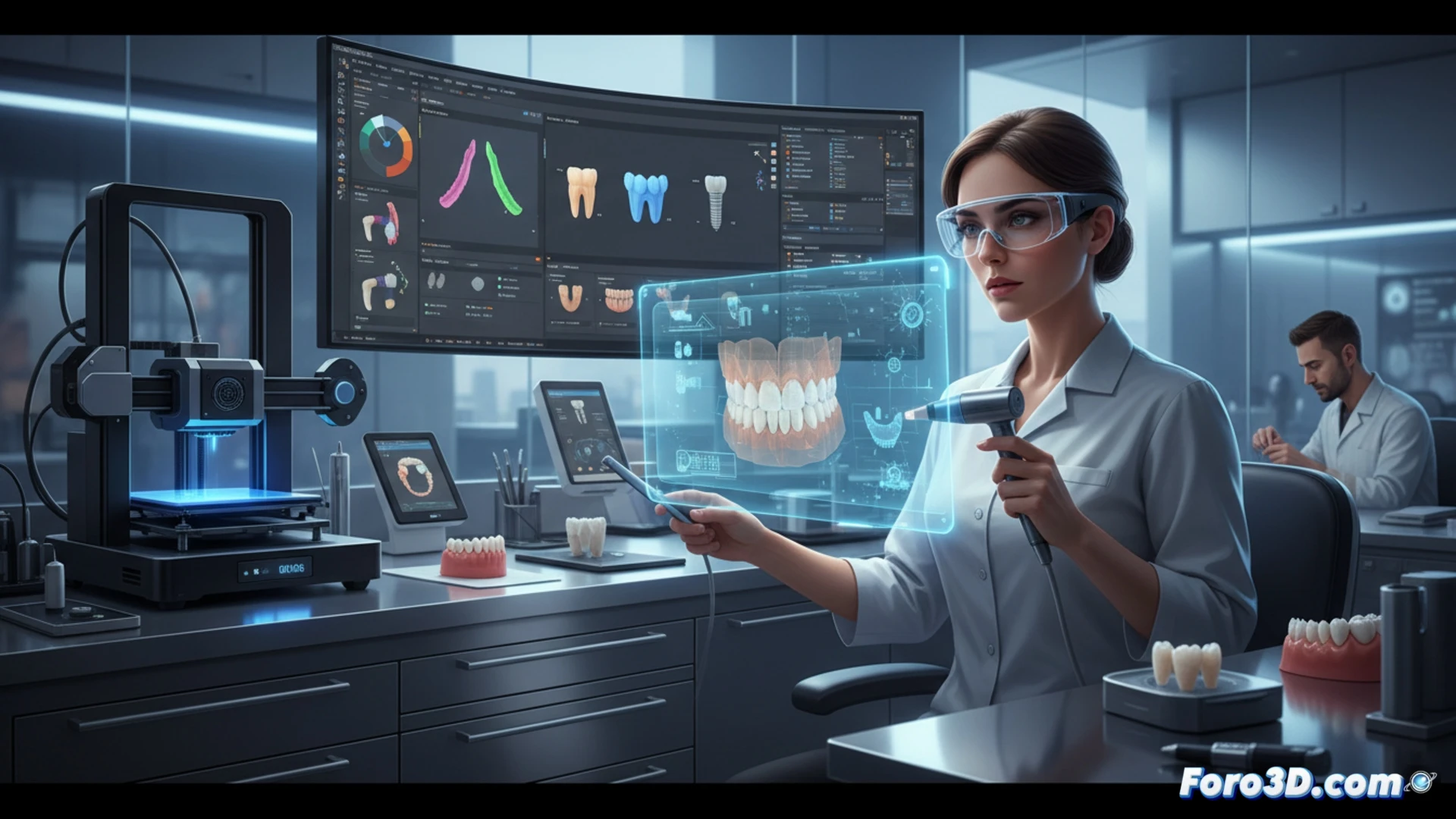 Descripción detallada (80-120 caracteres): Primer plano de un dentista usando un escáner intraoral digital en un paciente, con modelos 3D de coronas y guías quirúrgicas visibles en una pantalla.