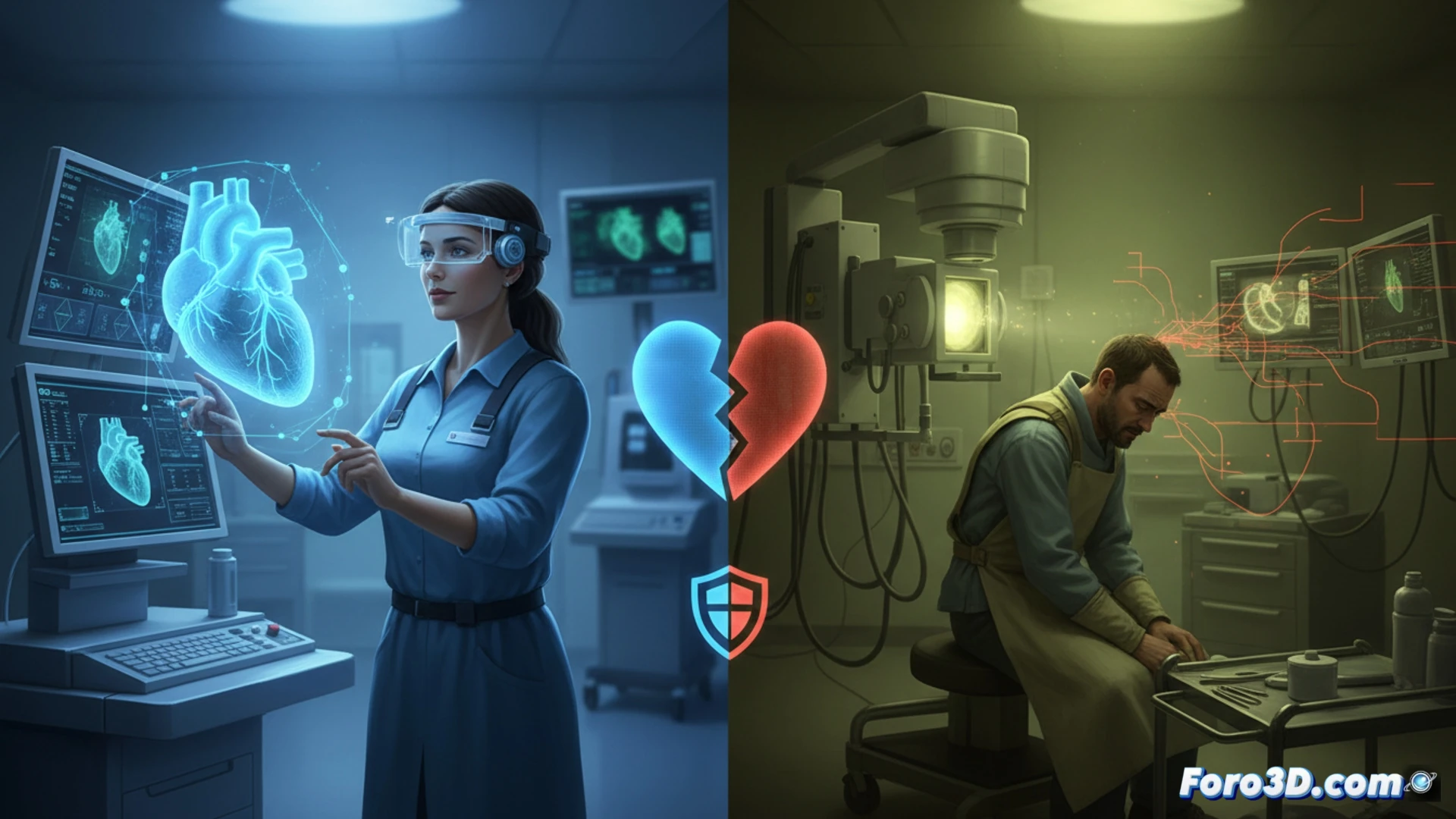 [Cardiólogo usando gafas 3D para planificar intervención coronaria con modelo virtual del corazón]