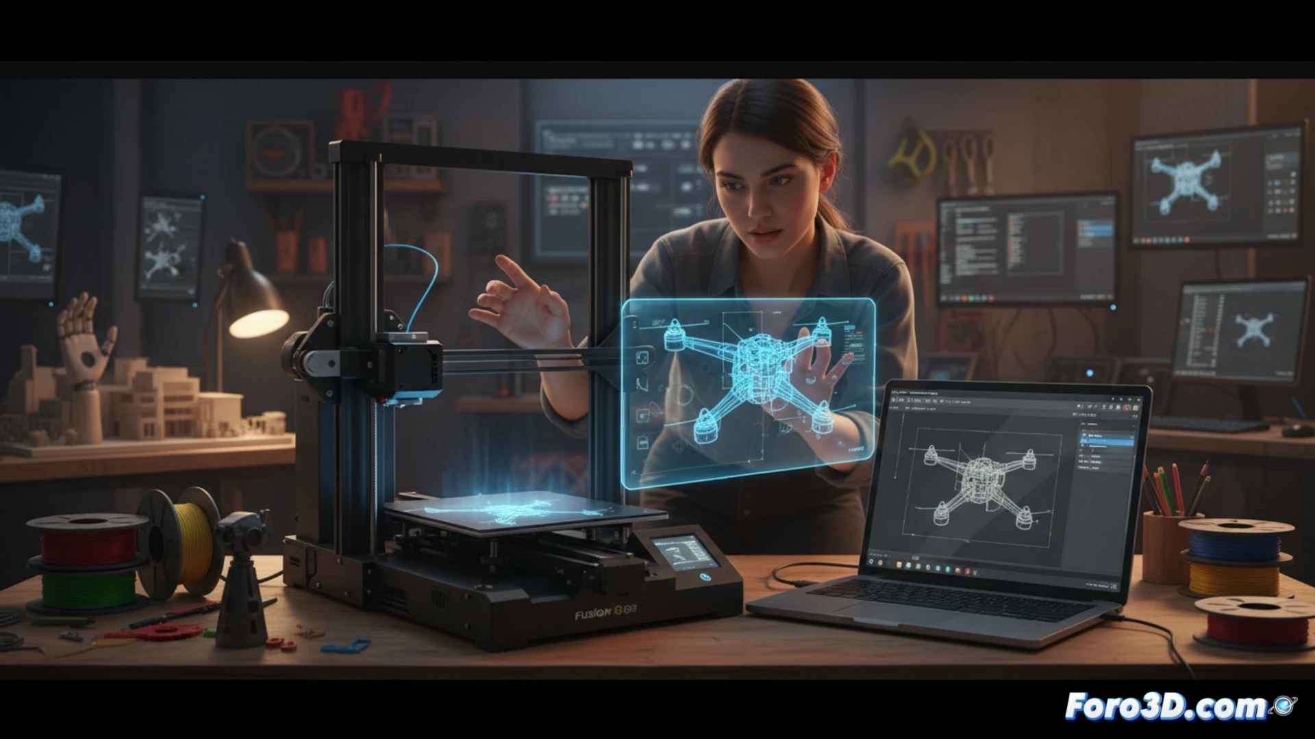 Emprendedor sonriente sostiene prototipo 3D de silla plegable frente a pantalla con modelo en Fusion 360 e impresora 3D activa.