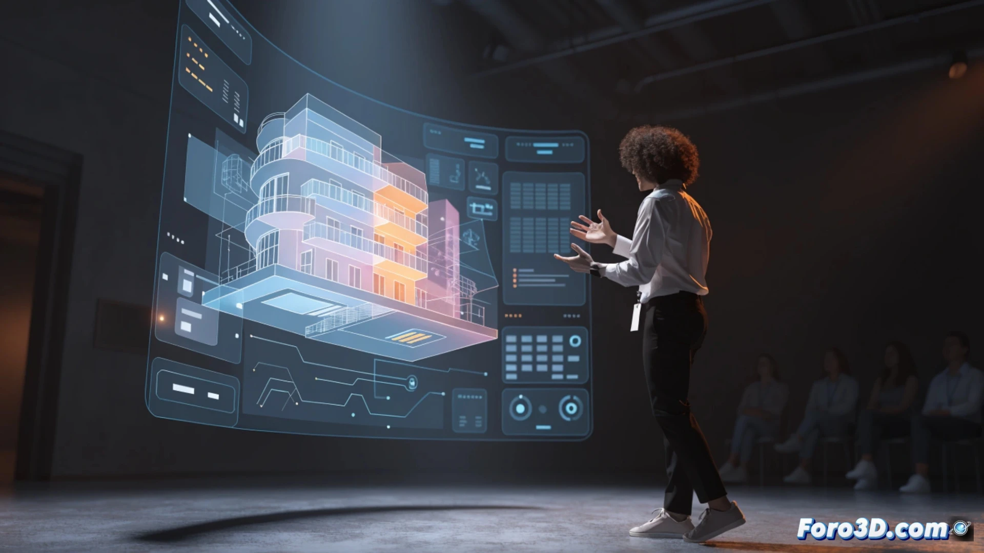 Un presentador sostiene un modelo 3D de un edificio en una tableta, con gráficos animados flotando sobre una pizarra virtual.