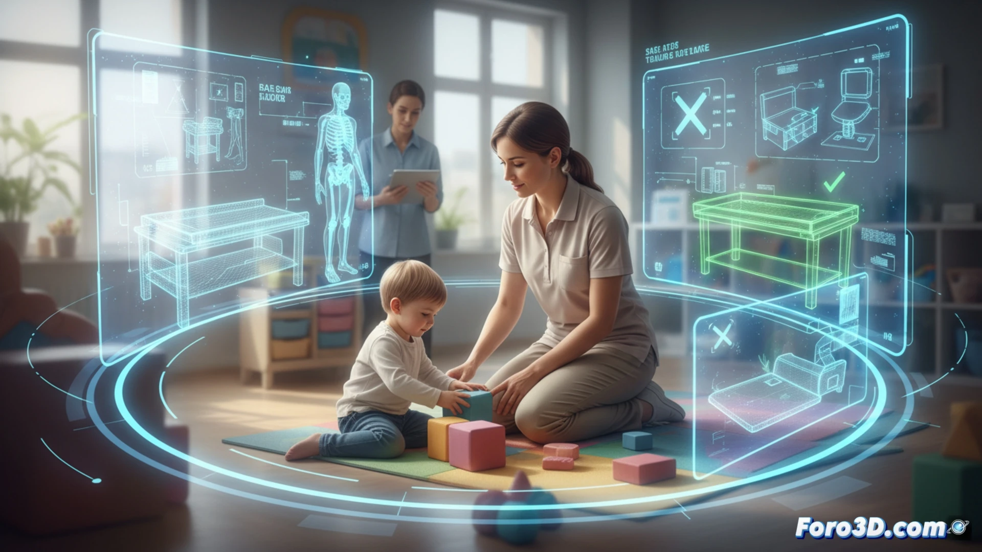 Simulación 3D de ergonomía para niñeras levantando niños en guardería segura