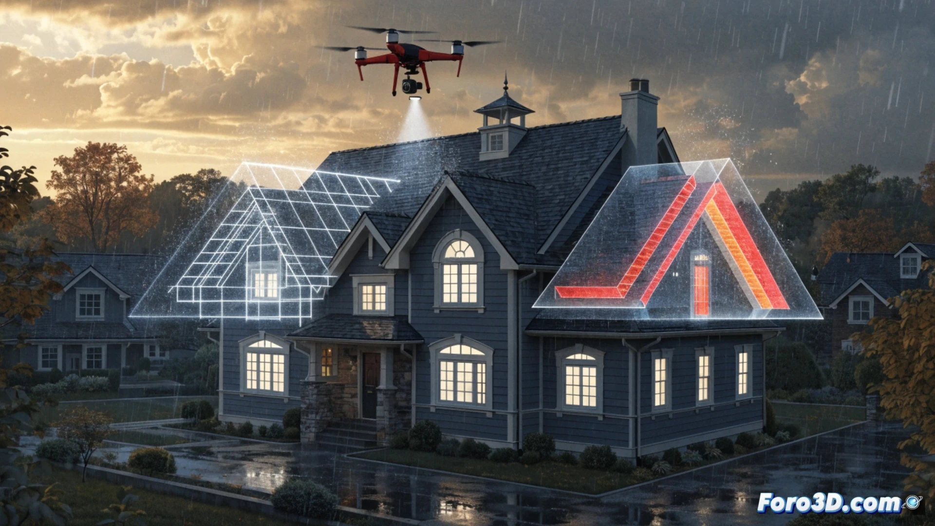 Un techador sostiene una tableta con modelo 3D de un tejado, mientras un dron sobrevuela el edificio. La escena muestra precisión y seguridad.