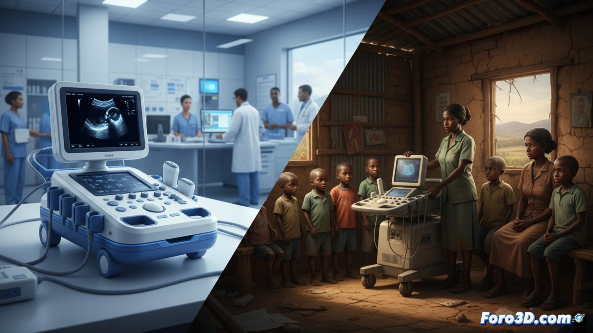 rural health clinic interior, medical professional holding a portable ultrasound probe over a child patient on a simple bed, low-cost sensor device on a wooden table displaying a glowing diagnostic interface, another doctor adjusting a small handheld diagnostic tool, dusty floor and peeling paint on walls, sunlight streaming through a small window, contrast between advanced compact medical hardware and neglected infrastructure, photorealistic technical illustration, warm natural lighting, focused action of diagnosis happening, child looking hopeful, medical equipment cables trailing across the floor, realistic textures of worn surfaces, cinematic composition