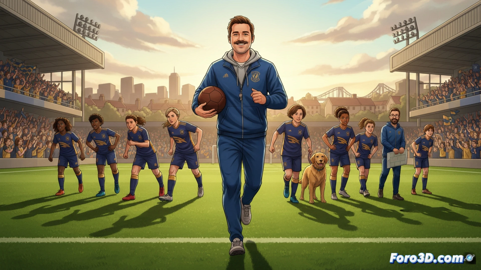 Ted Lasso sonríe en el campo de Richmond, rodeado de jugadoras femeninas listas para entrenar.