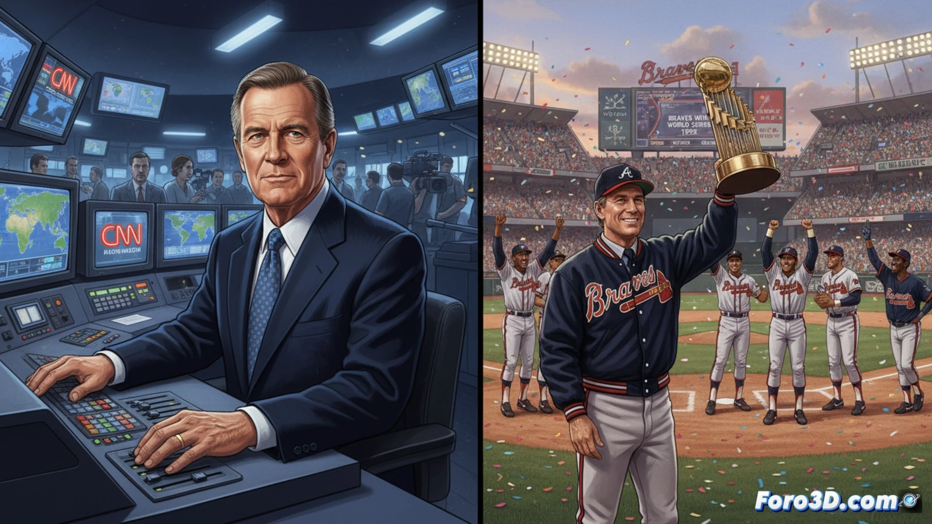 Ted Turner en su vejez, con un micrófono y un bate de béisbol, frente a un mapa mundial con el logo de CNN y los Bravos de Atlanta.