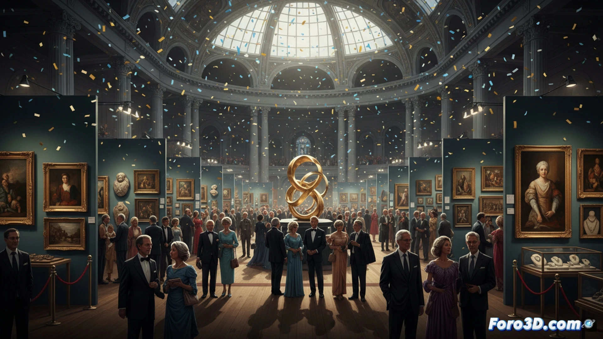 Park Avenue Armory exhibition hall during TEFAF New York 2026, visitors examining a large contemporary canvas beside a glass vitrine displaying antique jewelry, collector using a magnifying loupe while a dealer gestures toward a modernist sculpture, art fair stands with track lighting illuminating oil paintings and design objects, diverse crowd moving through aisles, cinematic photorealistic style, warm gallery lighting, polished wood floors reflecting chandeliers, sense of transaction and discovery, ultra-detailed textures on artworks and display cases, dramatic depth of field