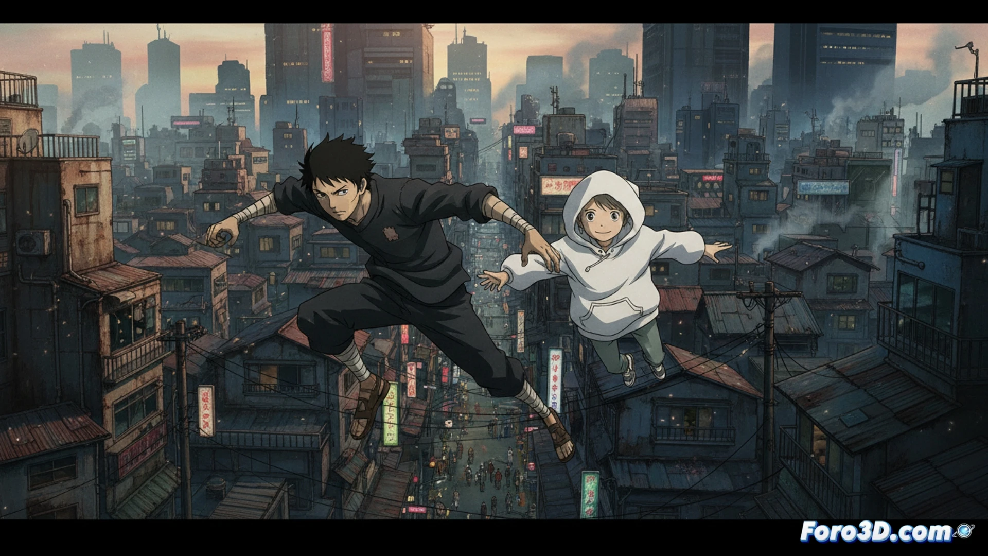 Dos chicos, uno oscuro y otro claro, vigilan una ciudad surrealista desde un tejado al atardecer, con colores vibrantes y estilo anime único.