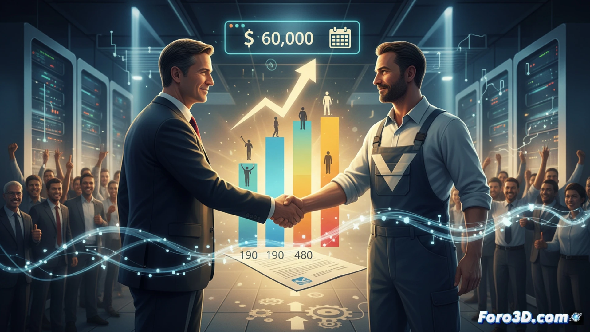 photorealistic engineering visualization, a Telekom technician in blue uniform holding a tablet with a glowing Verdi union logo, while a manager hands over a signed contract document, a 480 euro bill icon floating above, two phase arrows showing salary increase progression, 60.000 employee silhouette crowd in background, no-description job security shield icon, technical workplace scene with network servers and fiber optic cables, dramatic office lighting, ultra-detailed hands and paperwork, industrial metallic desk, realistic union negotiation atmosphere, cinematic depth of field