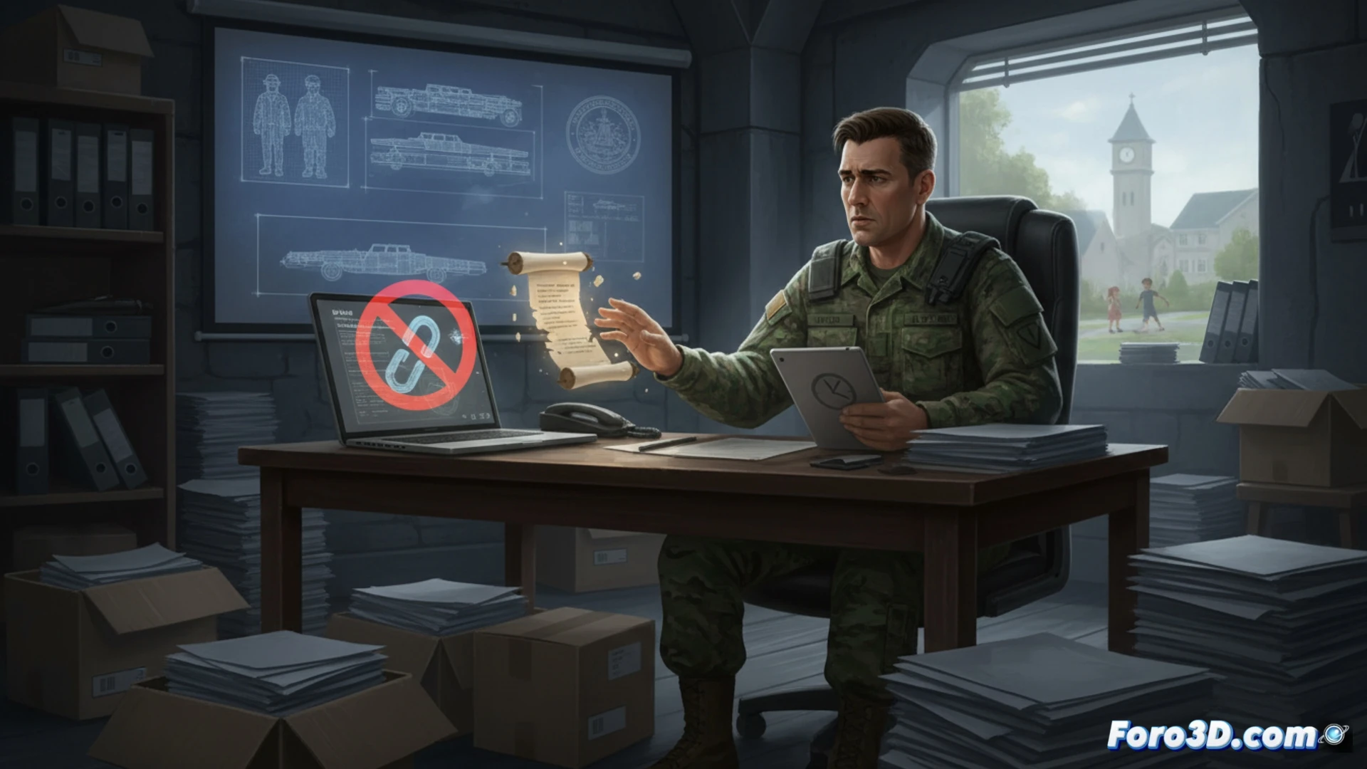 escena nocturna en una oficina militar vacía, un uniforme colgado en una silla frente a un escritorio con un monitor apagado, papeles de contabilidad y gestión de personal esparcidos, un portátil militar cerrado con un cable de red desconectado, una taza de café frío, luz de una farola filtrándose por la persiana, polvo suspendido en el aire, estilo cinematográfico fotorrealista, iluminación tenue y dramática, atmósfera de espera y abandono, sombras alargadas, texturas de metal y tela desgastada, profundidad de campo, enfoque en el uniforme vacío