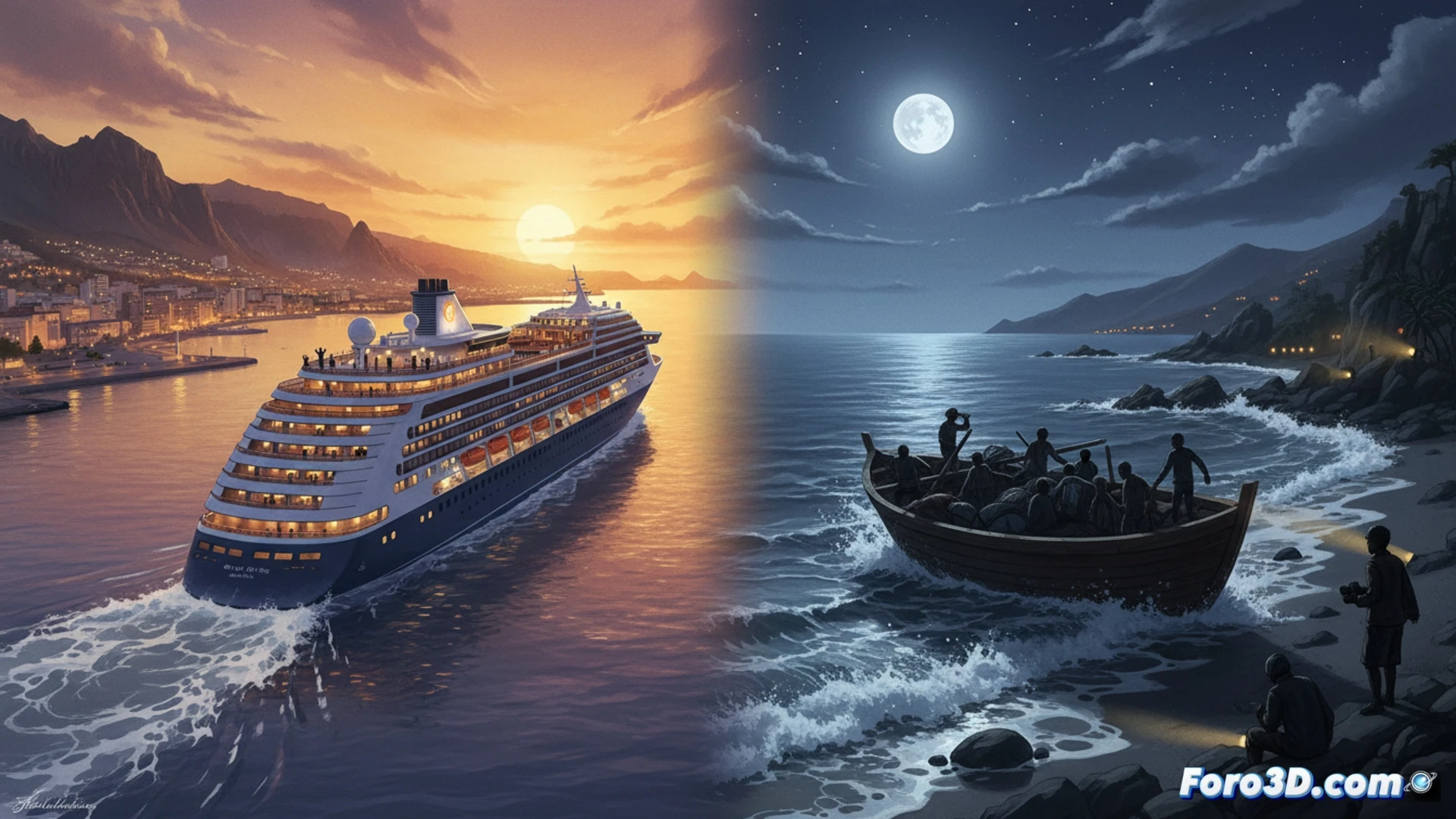 Puerto lujoso con cruceros y, al fondo, un cayuco varado en la costa bajo el sol.