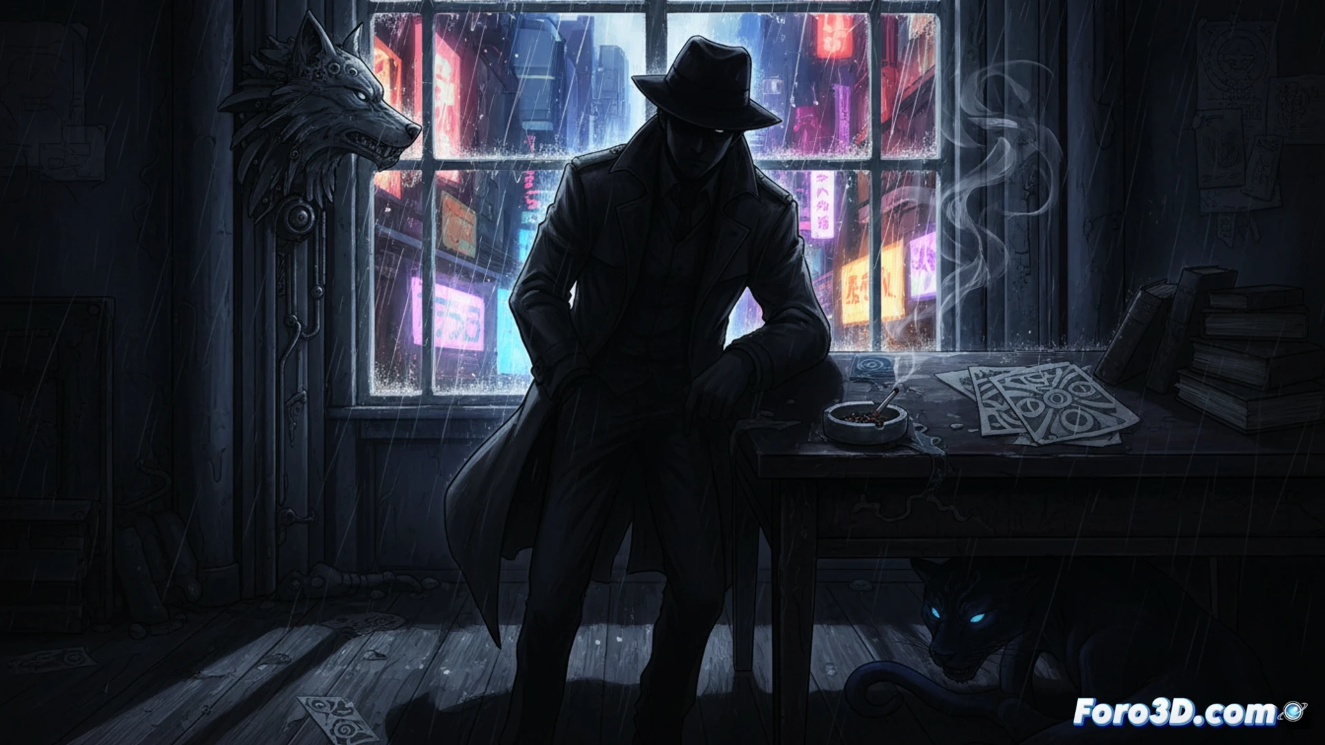 Un primer plano de Tensai Okamura semioculto en sombras, con un ojo iluminado por un haz de luz tenue, reflejando planos de Wolf's Rain y Darker than Black como pistas psicológicas.