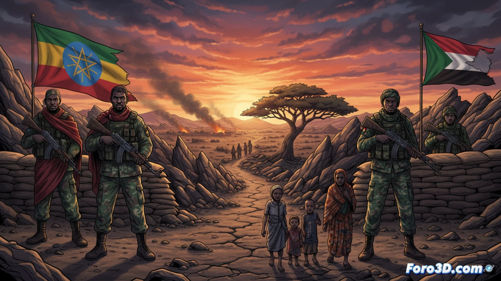 Mapa del Cuerno de Africa con dos figuras militares enfrentadas, banderas de Etiopia y Sudan, y frontera en llamas.