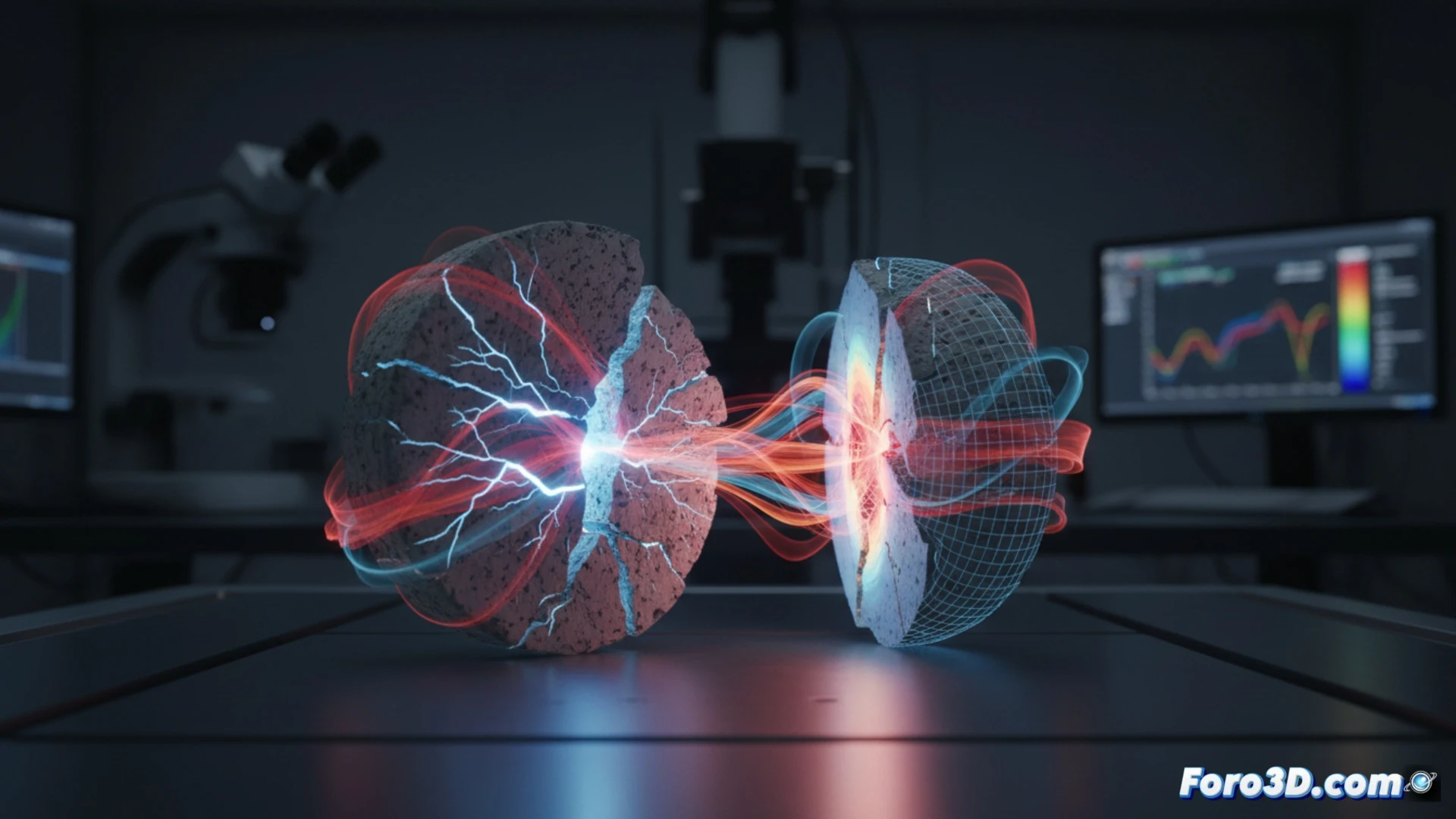 Simulación 3D de tensiones residuales en soporte cerámico de AFM con mapa de colores de esfuerzos internos