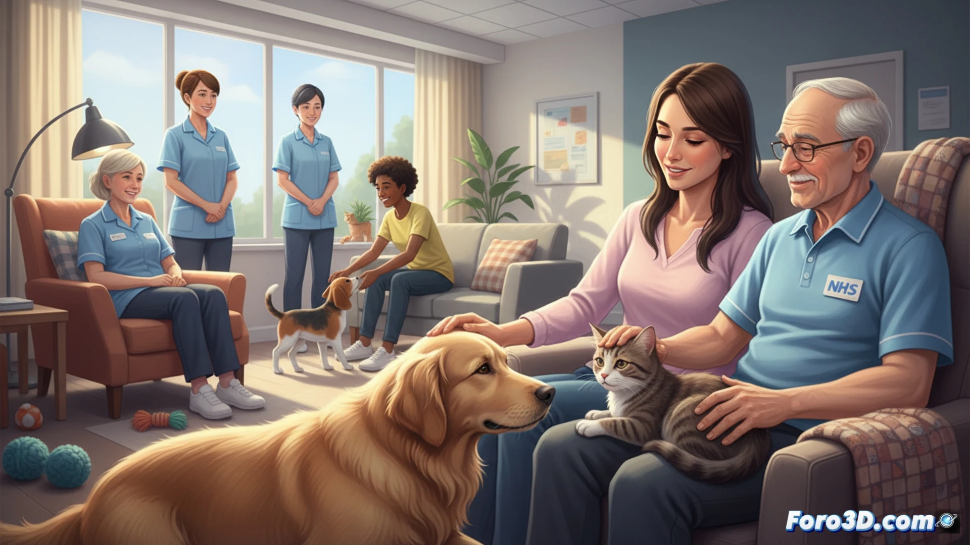 Photorealistic scene of a therapy session inside a bright NHS clinic room, a calm golden retriever lying beside a patient on a sofa, patient gently petting the dog while a therapist observes, soft natural light from large windows, medical equipment subtly visible in background, emotional comfort evident in patient relaxed posture, no text or numbers, cinematic composition, warm color palette, photorealistic interior render, detailed textures of fur and fabric, calm atmosphere