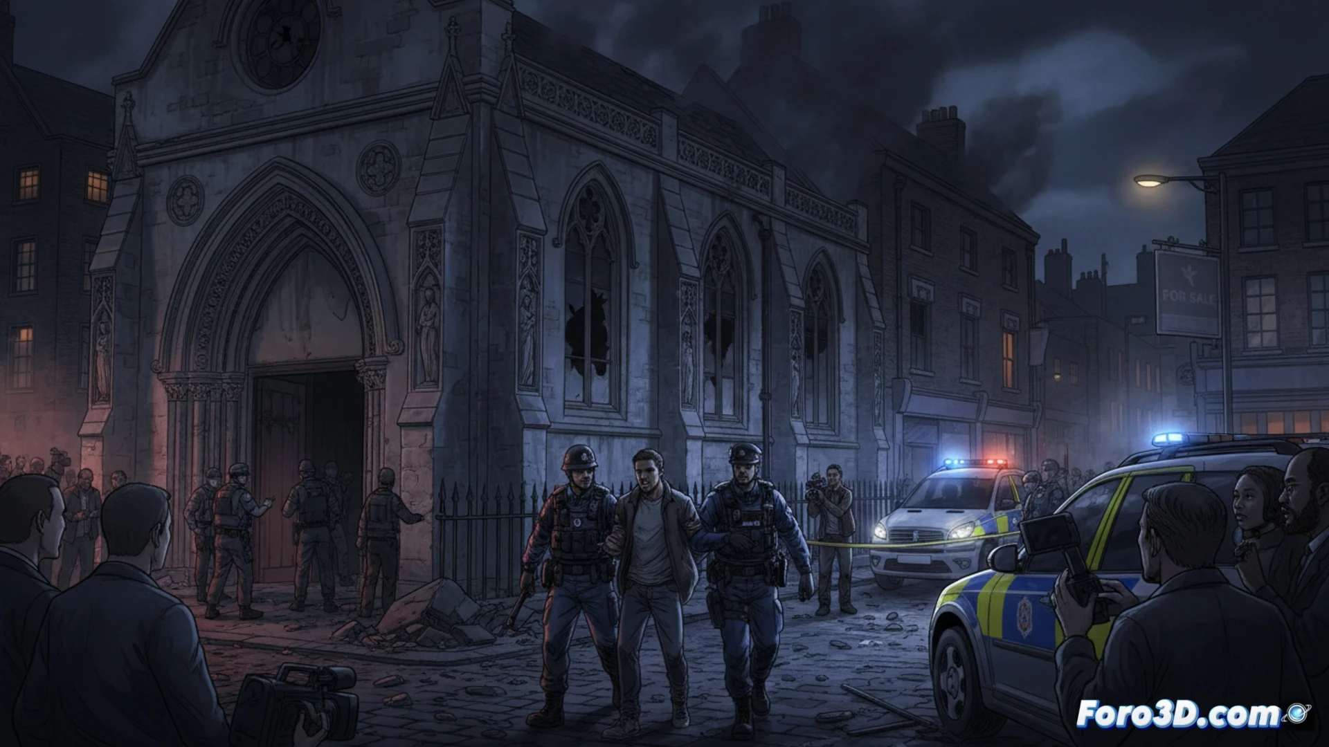 Una vista nocturna de la fachada de la antigua sinagoga de Whitechapel, con daños visibles en puertas y cerraduras, bajo luces de policía.