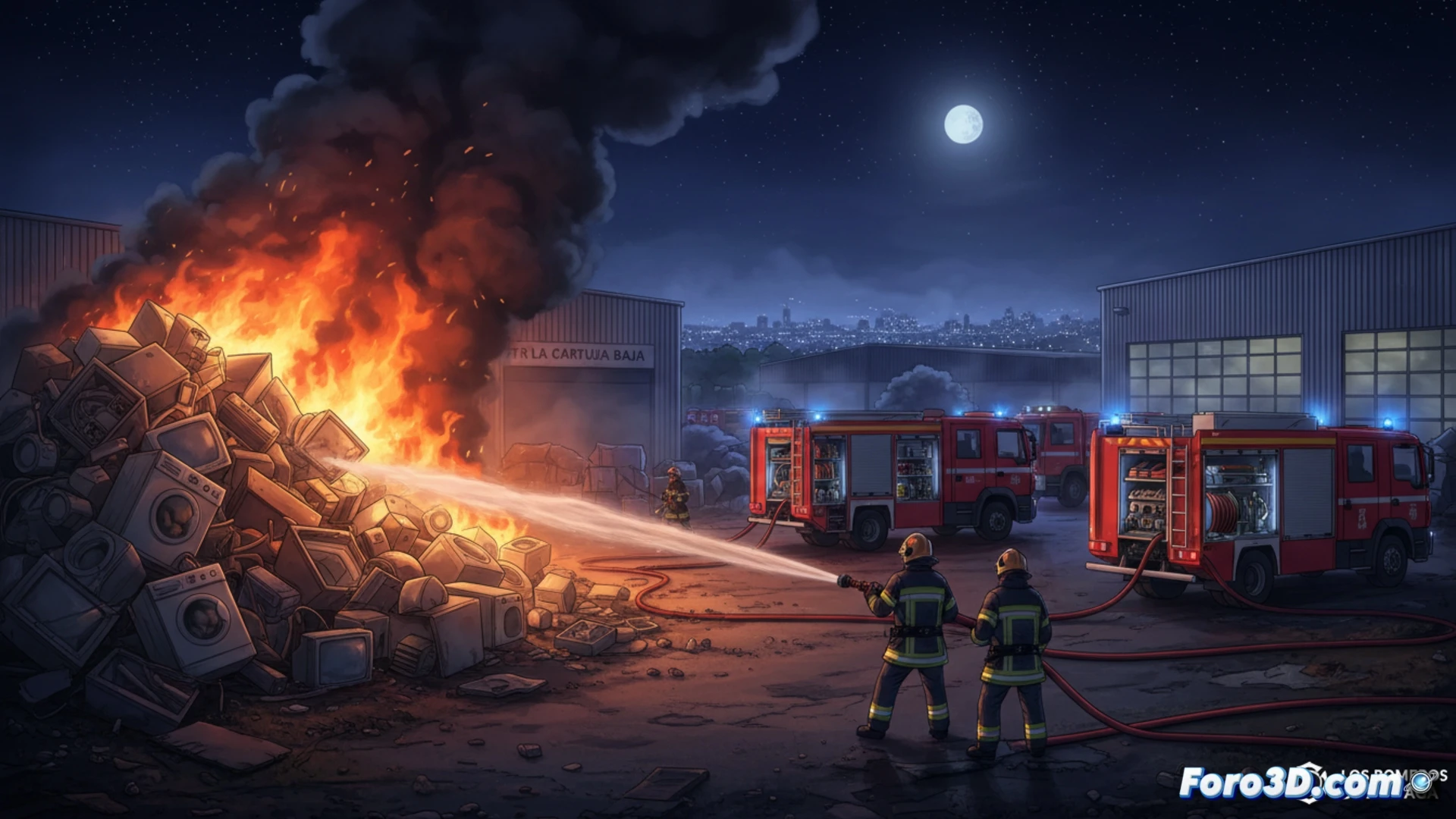 Descripción: Bomberos apagan llamas en una campa de electrodomésticos en La Cartuja Baja, bajo un cielo nocturno y nubes de humo.