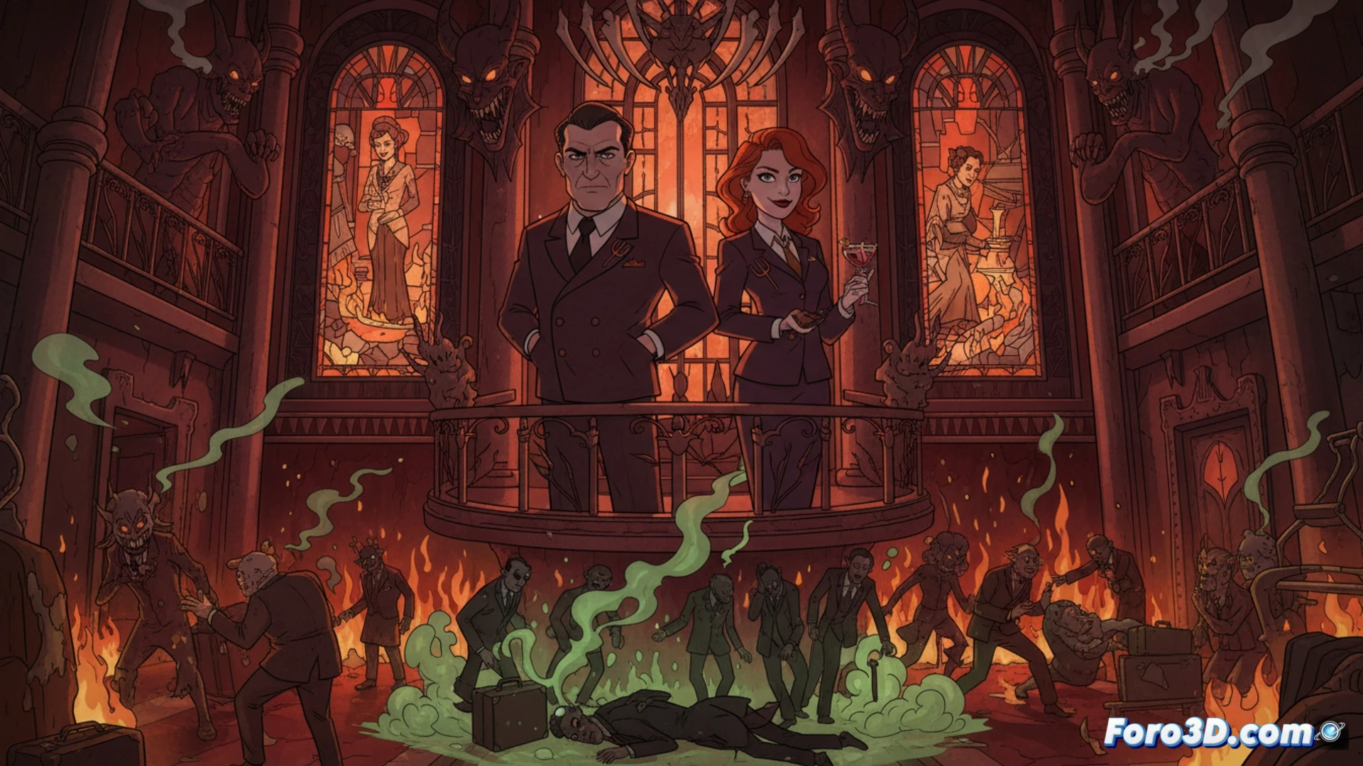 Ilustración animada de un lujoso hotel neoyorquino al anochecer, con un cadáver político en el vestíbulo, una trabajadora sexual novata huyendo y un dueño misterioso observando desde las sombras.