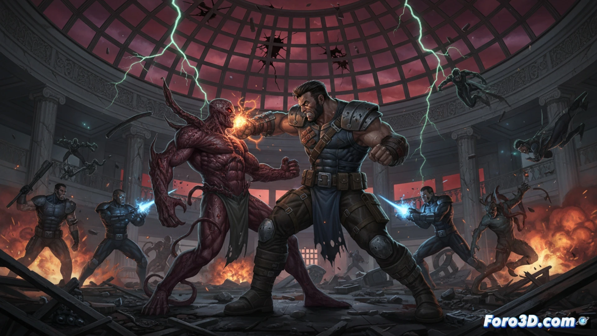 two superhuman factions clashing in a rain-soaked ruined city street, one figure with grotesque biomechanical horror features ripping through a concrete wall while another in exaggerated 90s-style bulky armor fires energy blasts, chaotic debris suspended mid-air, no clear hero or villain, dark moral ambiguity, cinematic comic book style with hyper-detailed textures, dramatic low-angle lighting, metallic and organic surfaces glistening with wetness, motion blur on fists and energy trails, photorealistic technical illustration, over-the-top action pose, gritty horror atmosphere