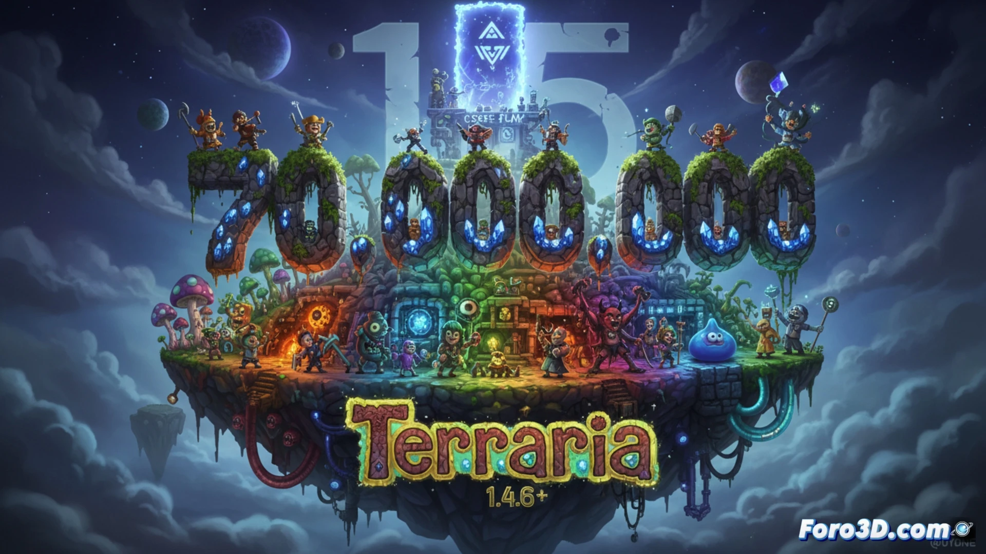 Pixel-art adventurer standing on a cracked stone altar at midnight, holding a glowing Terraria compass while a massive 70 million pixel-count particle explosion erupts behind them, fragments of console, PC, and mobile devices floating in the debris, a glowing cross-platform bridge connecting three broken platform shards, Re-Logic logo faintly etched on the altar base, cinematic fantasy illustration, dynamic action pose, dramatic moonlight illuminating the scene, swirling magical dust trails, ultra-detailed pixel textures, vibrant neon particles, high-contrast fantasy lighting, epic celebration atmosphere
