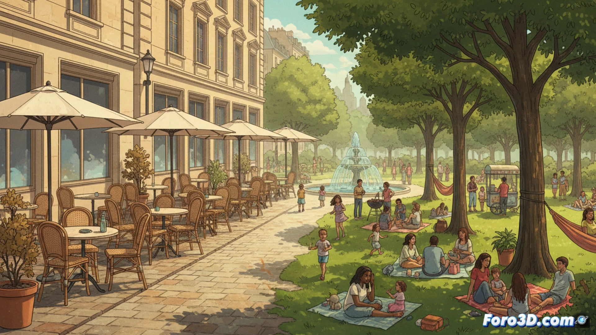 urban park at midday summer heat, families and individuals scattered on grass under large tree canopies, empty terraces visible in background city center, people lying on blankets seeking shade, avoiding hot asphalt streets, contrasting cool green microclimate versus radiant urban surfaces, cinematic photorealistic visualization, wide-angle lens capturing spatial paradox, dramatic sunlight filtering through leaves, heat haze rising from distant buildings, detailed foliage shadows on ground, no text or numbers, ultra-realistic summer atmosphere