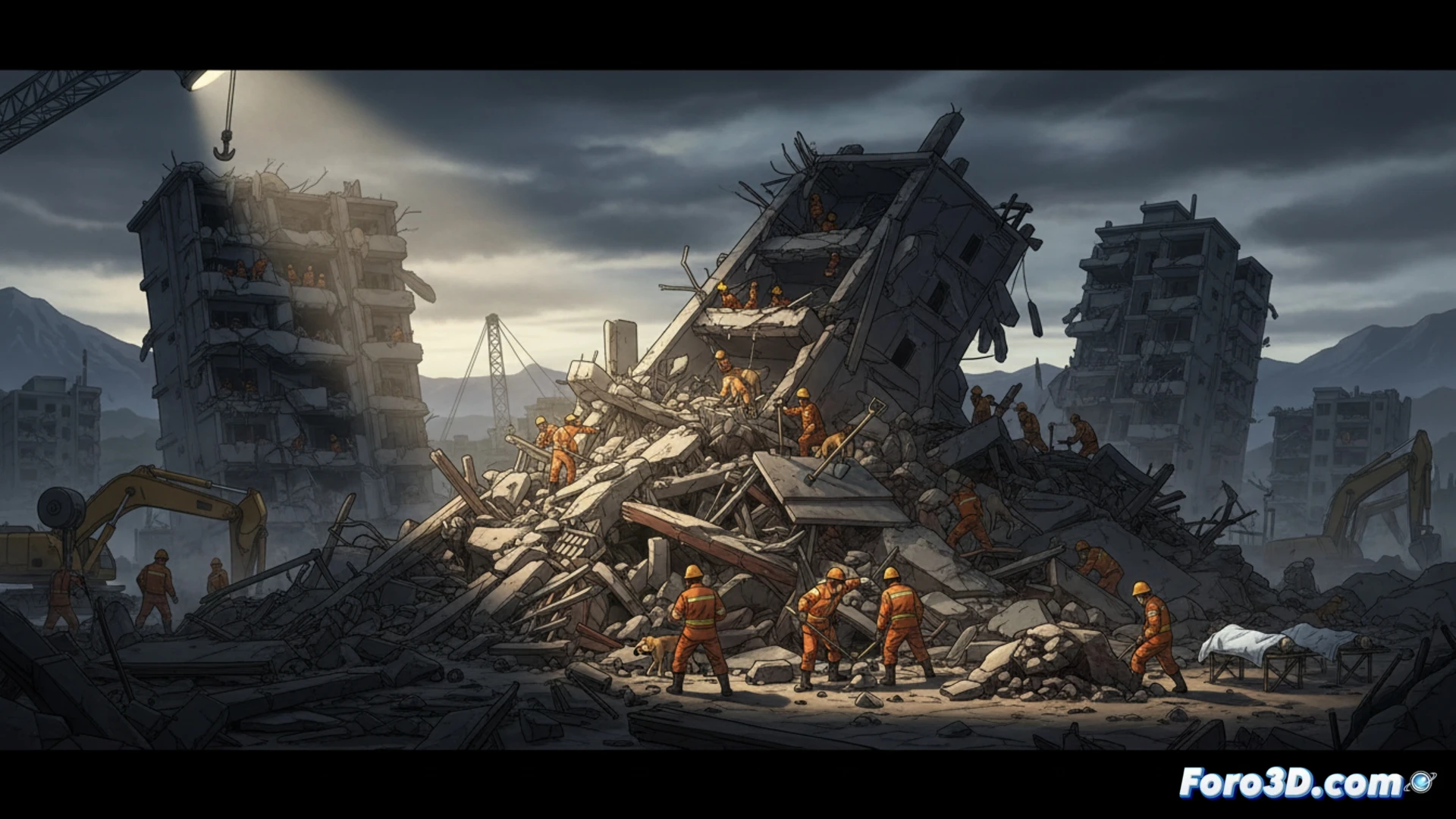 Rescue team in orange uniforms lifting concrete rubble slab, collapsed building facade in Liuzhou, dust particles suspended in morning light, seismic cracks zigzagging across broken walls, firefighters using hydraulic spreader and metal detector, emergency lights flashing red and blue, cinematic photorealistic technical illustration, debris field scattered with twisted rebar and shattered glass, intense dramatic lighting, wide-angle shot showing action during rescue operation, heavy machinery in background, smoke haze, ultra-detailed textures of destruction and rescue gear