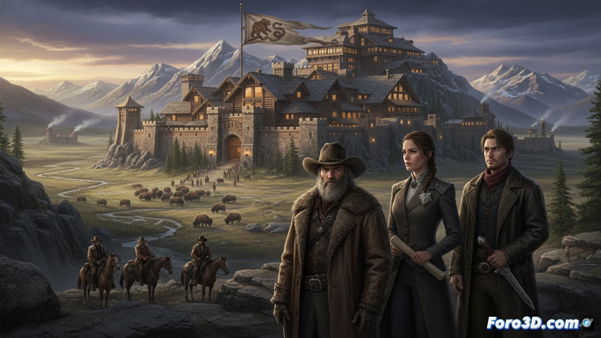 Wide shot of a dusty frontier town at sunset, two cowboys in dark coats stand facing each other on a wooden boardwalk, one holding a lever-action rifle, the other a revolver drawn at hip level, a horse-drawn wagon loaded with steel machinery parts crosses the street behind them, a glowing oil derrick silhouetted against the orange sky, smoke rising from a distant locomotive, cinematic photorealistic western style, dramatic low angle lighting, deep shadows, ultra-detailed leather textures and weathered wood, tense standoff action, dust particles suspended in golden light, epic landscape scale