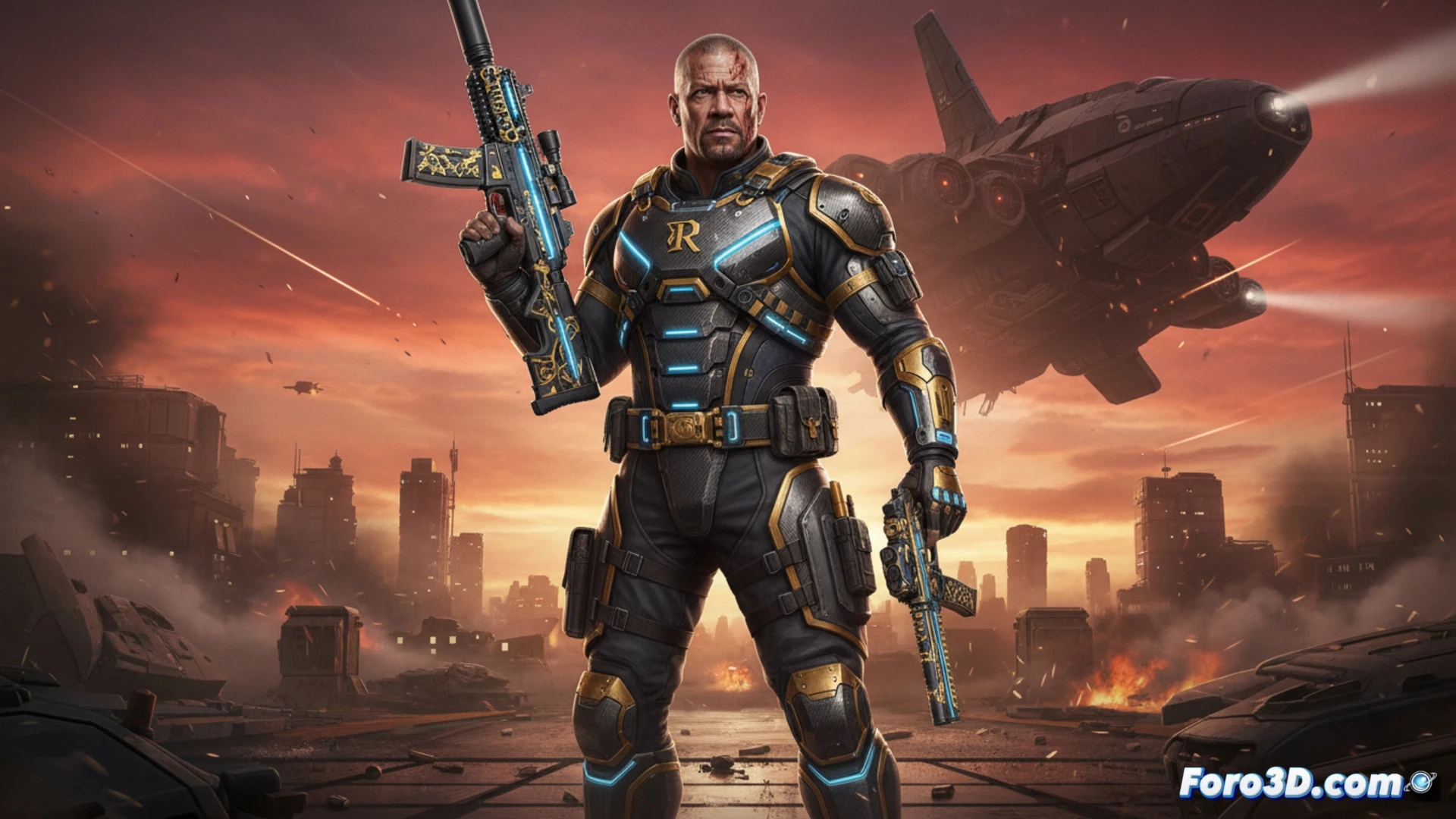 Terry Crews como The Replacer en Black Ops 7, con armas cosméticas y fondo de batalla urbana.