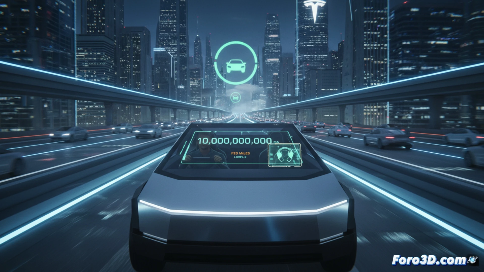 Un panel de Tesla muestra 10 mil millones de millas en FSD, con un conductor atento al volante, sin manos libres.