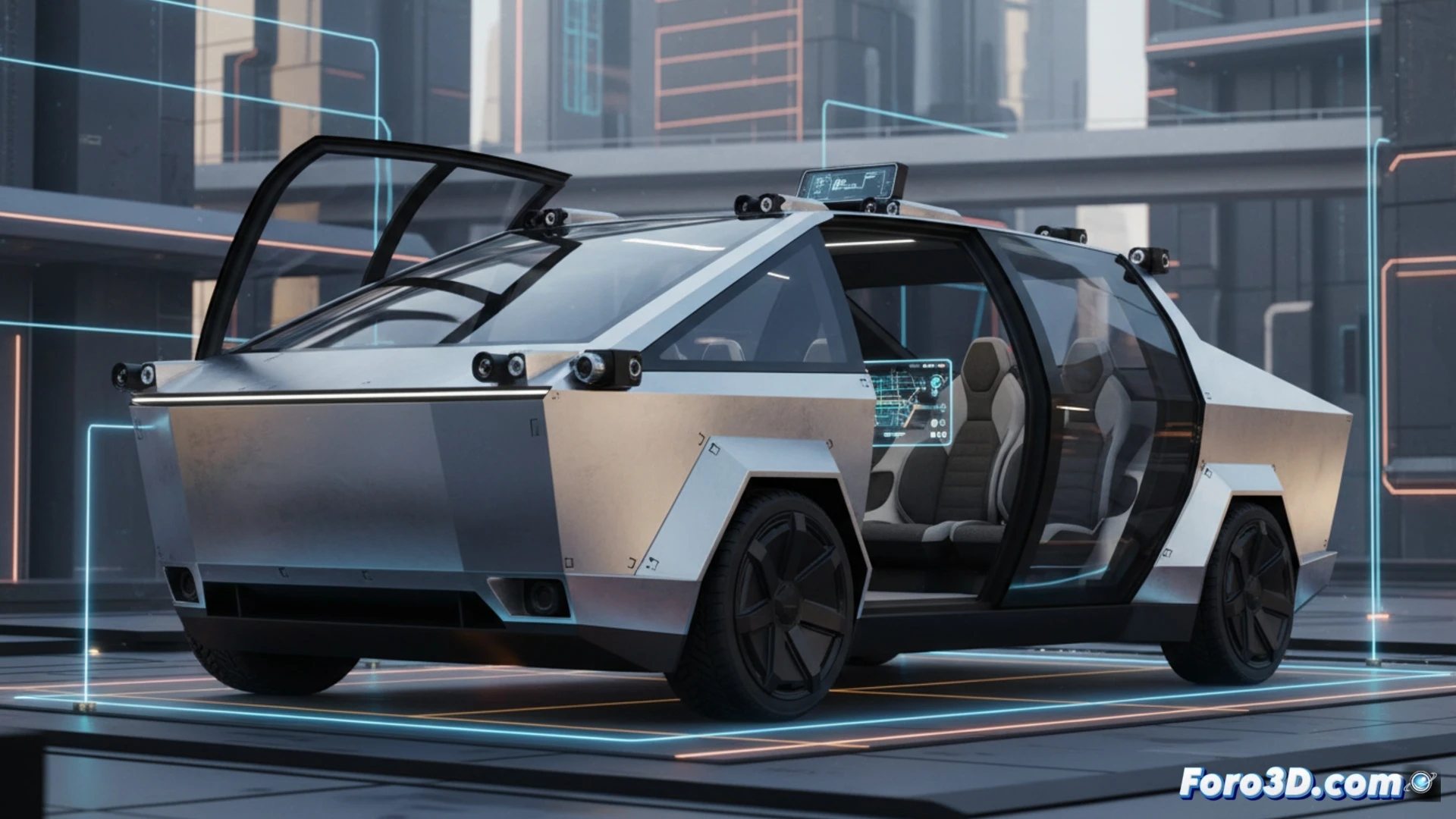 Tesla Cybercab robotaxi sin volante ni pedales diseño 3D automoción autónoma carga inalámbrica