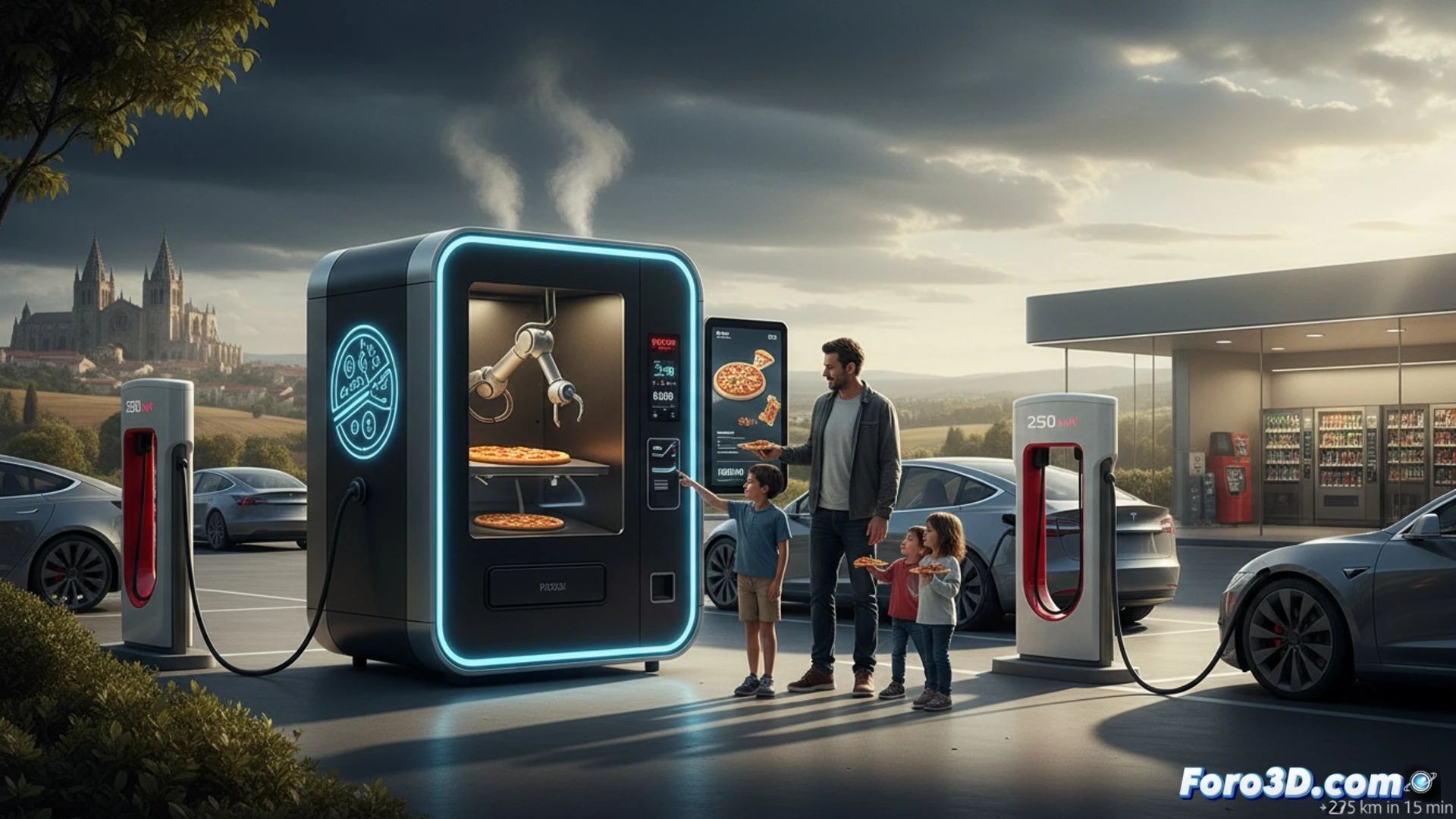 Estación Tesla en Burgos: coche eléctrico carga rápido junto a máquina de pizza que la prepara en 4 minutos sin cocinero.