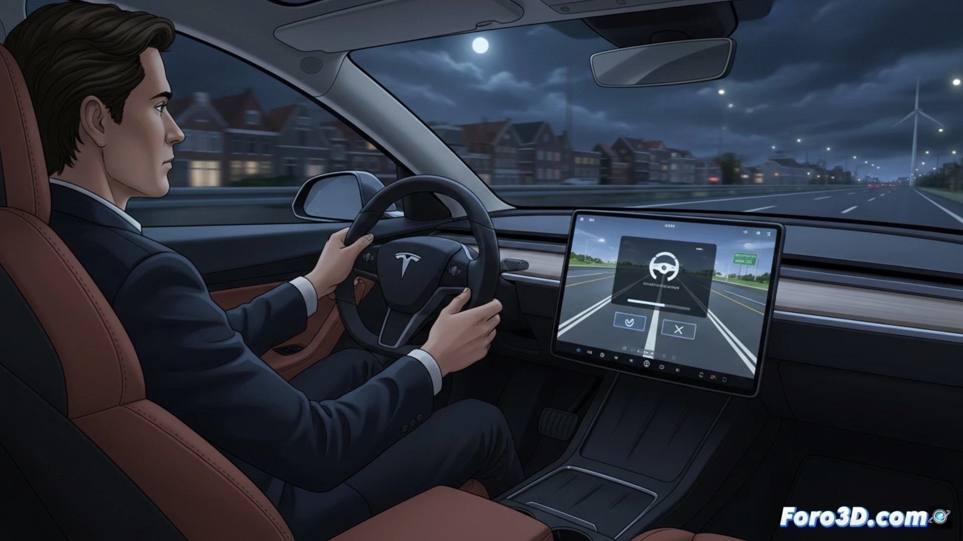 Pantalla de Tesla con mensaje de FSD detenido, texto fijo en rojo sobre fondo negro, conductor tocando para confirmar.