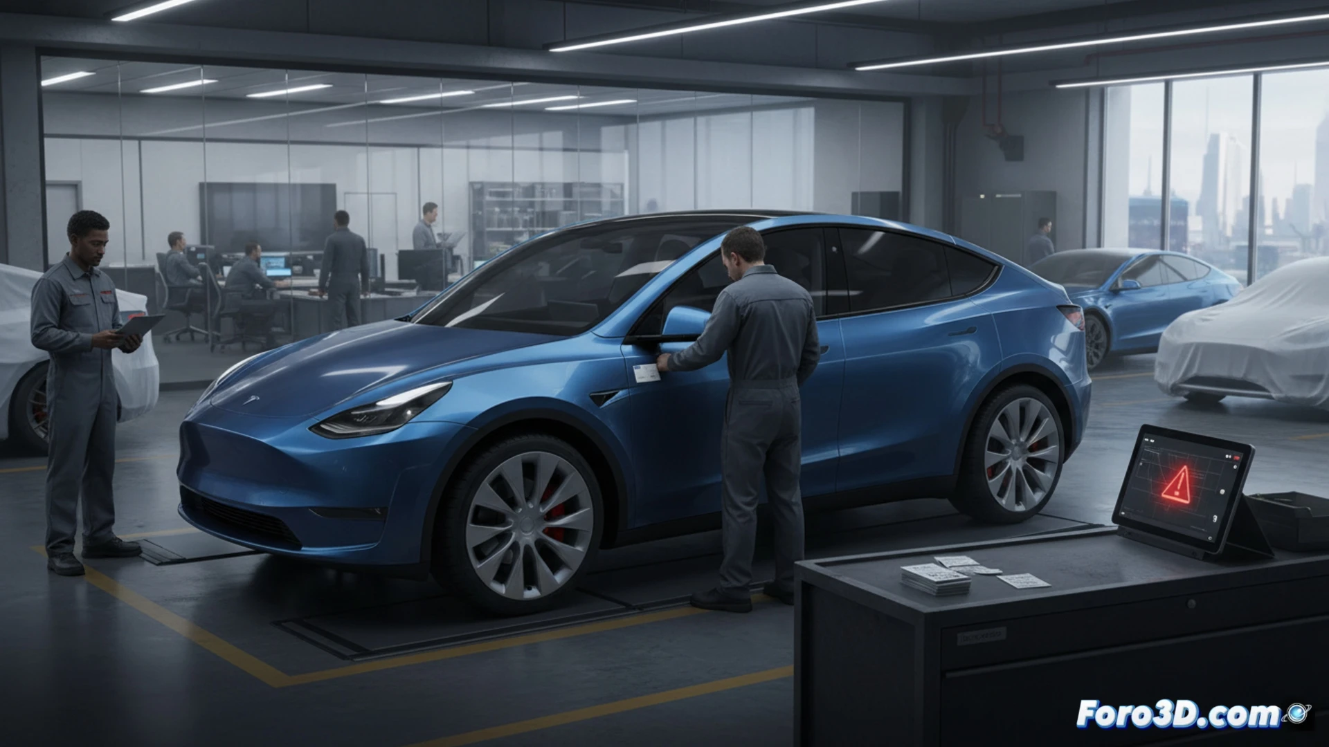 Tesla Model Y en taller mecánico, técnico sosteniendo una etiqueta de certificación de peso junto a la puerta del conductor, otro ingeniero verificando el manual de especificaciones en una tableta digital, herramientas de calibración y escáner de diagnóstico sobre el banco de trabajo, luz fluorescente industrial blanca, fondo con otros vehículos eléctricos en reparación, estilo fotorealista de ilustración técnica, ángulo cenital mostrando el proceso de inspección, detalles metálicos del chasis y panel de información del vehículo, enfoque nítido en la etiqueta faltante y la acción del técnico