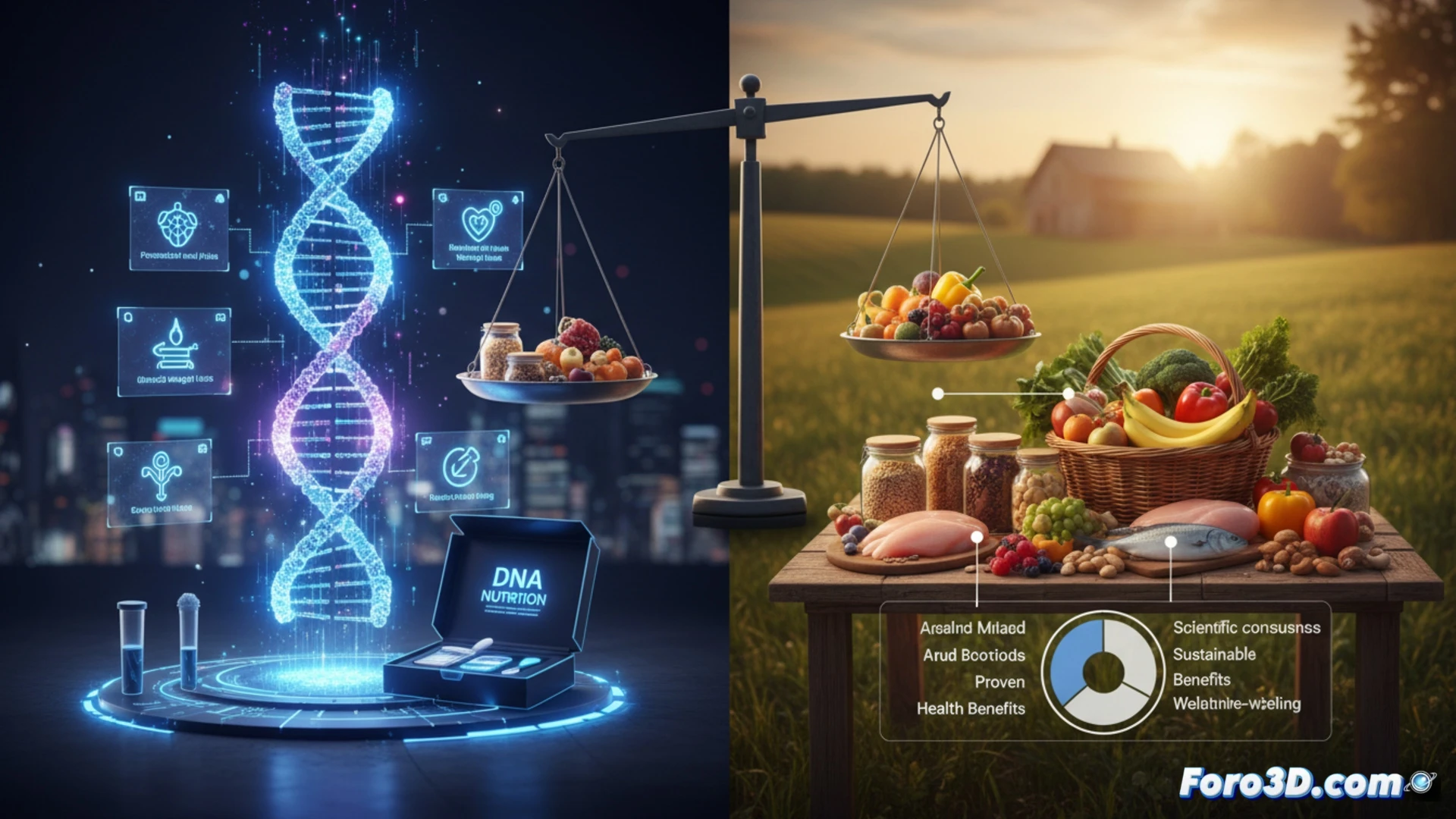 Infografia 3D interactiva comparando test de ADN nutricional con dieta equilibrada, alimentos modelados en tres dimensiones