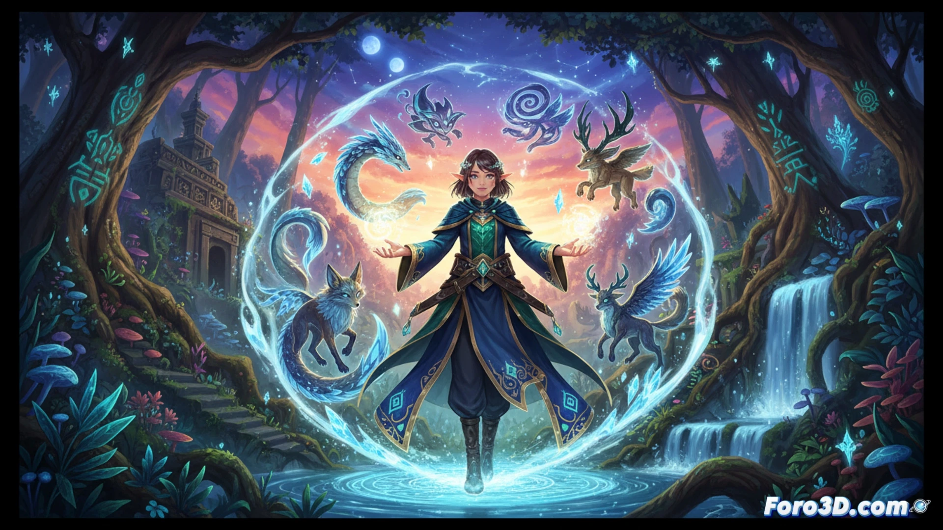 metroidvania character with glowing green arcane staff performing a mid-air dash through a crumbling stone corridor, new skills activating with blue energy trails, hidden map segments revealing themselves on a holographic interface, ancient machinery glowing with runic symbols, cinematic action scene, dynamic combat pose, debris and dust particles suspended in motion, dramatic side lighting from magical sources, dark fantasy architectural details, photorealistic game art style, high-contrast shadows, particle effects highlighting the new Fauna Arcana abilities