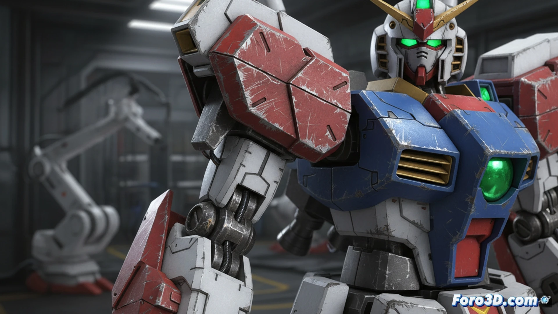 Captura de Gundam Breaker 4 mostrando texturas de plástico y desgaste en piezas de Gunpa personalizadas