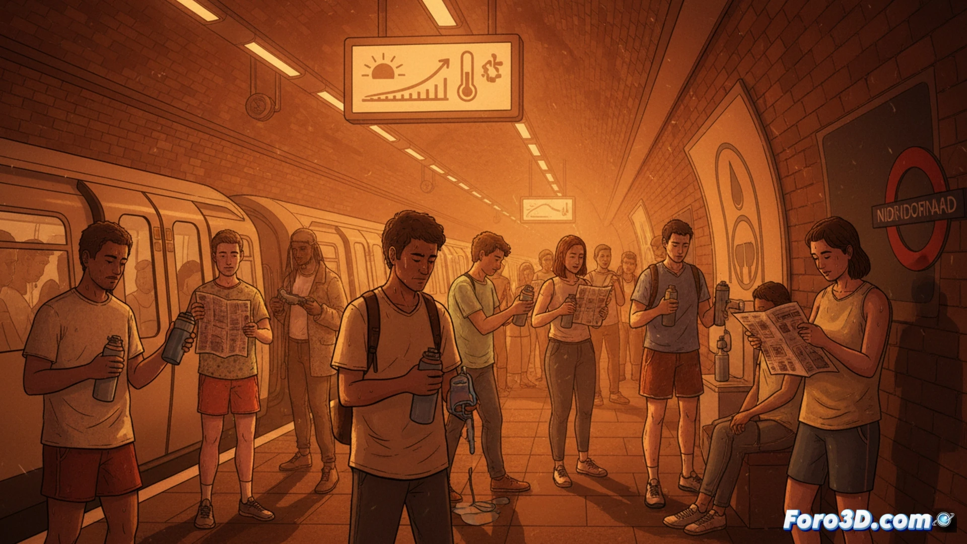 London Underground carriage interior during heatwave, passengers fanning themselves with paper maps while holding water bottles, sweat glistening on foreheads, digital display showing 34°C warning, TfL hydration advice poster on tube wall, cinematic photorealistic engineering visualization, warm amber sunlight streaming through windows, crowded train car, visible heat haze above passengers, realistic skin textures, dramatic contrast between cool blue metro seats and warm orange light, ultra-detailed subway environment, hyperrealistic human expressions showing discomfort, technical industrial lighting from fluorescent tubes