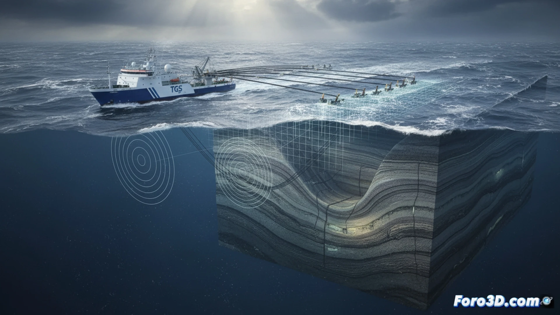 Un buque de investigación sísmica surca el Mar del Norte, remolcando largos streamers de color naranja sobre el área de Åsta Graben. El barco genera ondas que penetran el lecho marino, revelando en una pantalla digital capas geológicas detalladas del subsuelo. La escena combina tecnología marina avanzada con la exploración de hidrocarburos en un paisaje oceánico azul profundo.