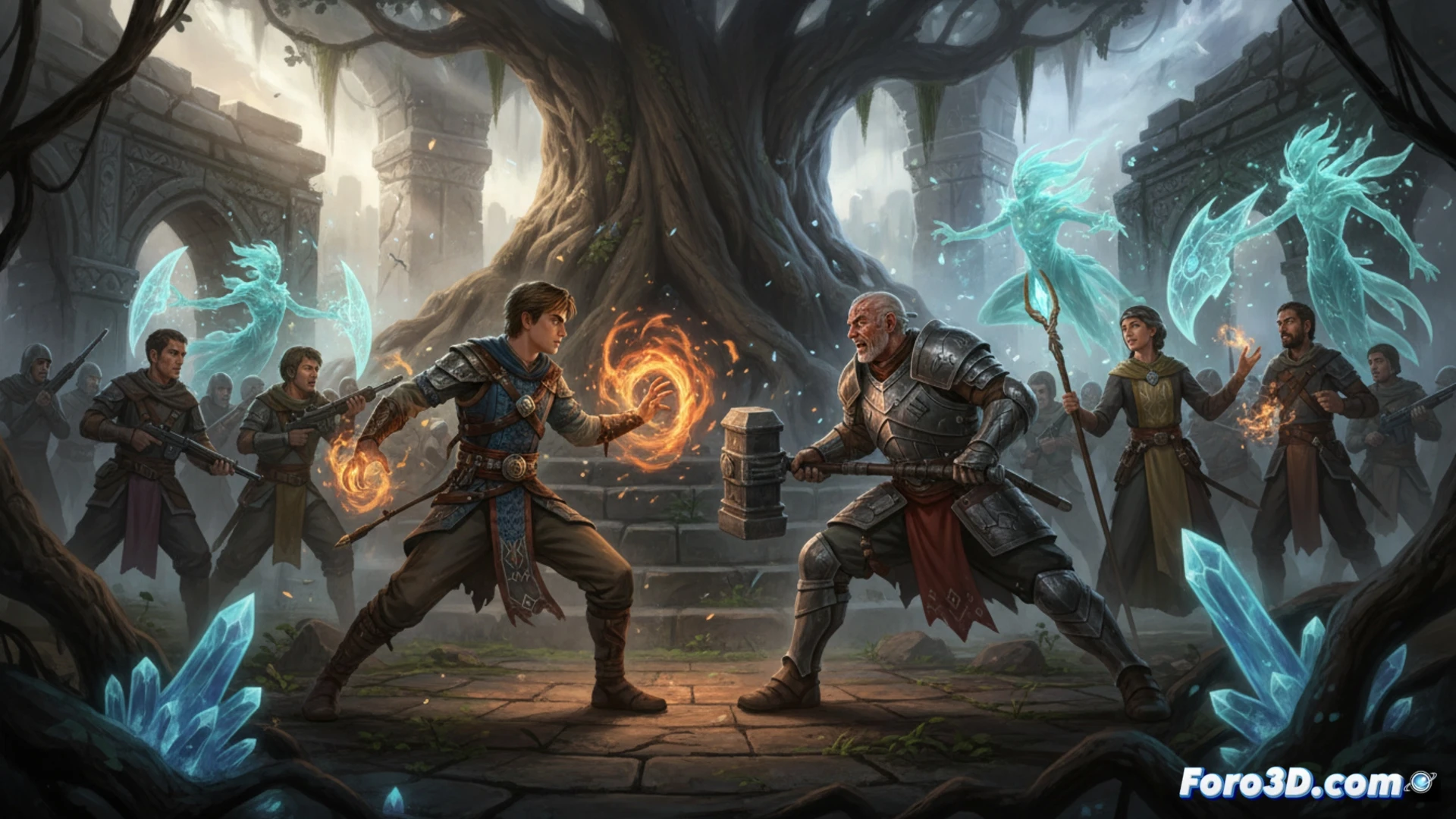 Myo mage Lyudmila casting glowing blue Ignite spell from her hand, facing Kai the human leader with a tense expression, Hirk standing between them raising a hand in a gesture of peace, ancient stone sanctuary with floating magical runes and a holographic vacuum symbol above an altar, cinematic fantasy visualization, dramatic chiaroscuro lighting, motion blur on energy trails, weathered stone textures, luminous particle effects, photorealistic character render, wide-angle lens, deep shadows and golden rim light, high-contrast epic scene