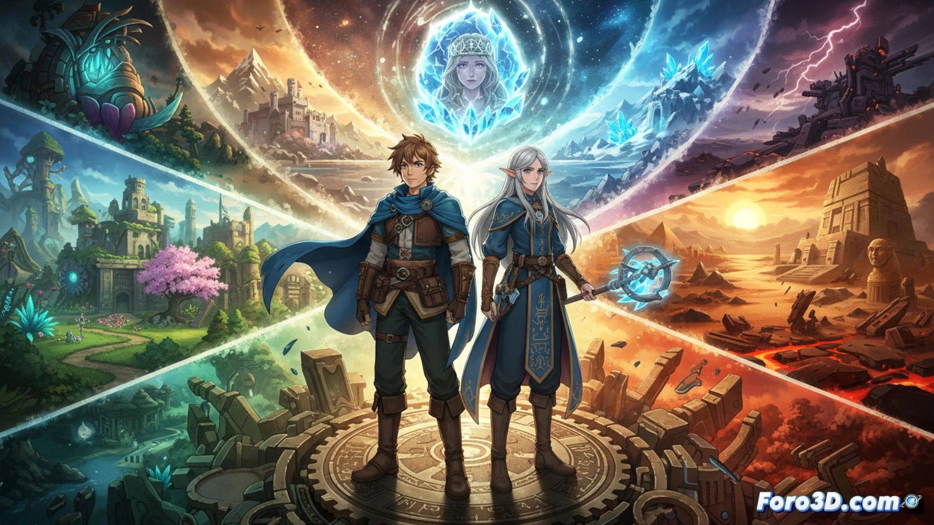 Pixel-art character Elliot and Faie standing on a glowing time portal platform, ancient stone ruins crumbling under a golden sunset sky, bestial humanoid warriors charging with stone axes, particle effects of floating dust and time fragments, HD-2D hybrid style with pixel sprites on a 3D isometric landscape, dramatic cinematic lighting with volumetric rays, action scene showing Elliot raising a crystalline sword while Faie casts a shimmering time-bending spell, deep depth of field blurring distant mountains and colossal ancient tree silhouettes, technical illustration of RPG combat with layered parallax backgrounds, ultra-detailed medieval fantasy architecture, photorealistic environmental textures.