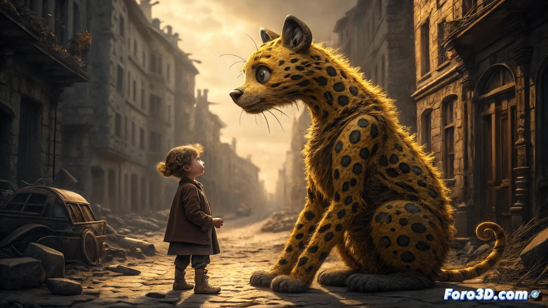 Un chico abraza a un marsupilami herido en un callejón brumoso de Bruselas posguerra, con tonos sepia y azul.