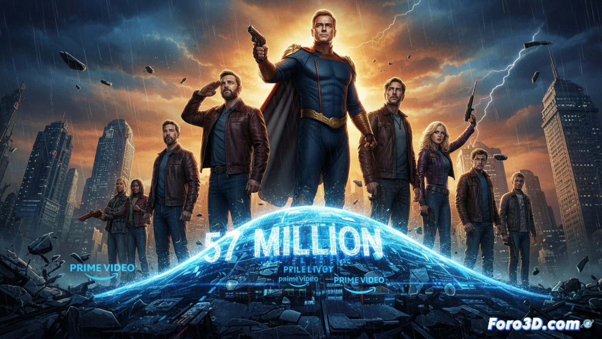 cinematic wide shot of a massive Prime Video streaming interface floating in dark digital space, glowing bar charts representing 57 million viewers per episode rising dynamically, abstract server racks and fiber optic cables pulsing with data streams below, a stylized superhero silhouette being shattered into pixels at the center, photorealistic technical illustration, dramatic blue and red neon lighting, high-contrast volumetric glow, motion blur on data particles, ultra-detailed hardware components, sleek futuristic UI elements, engineering visualization style
