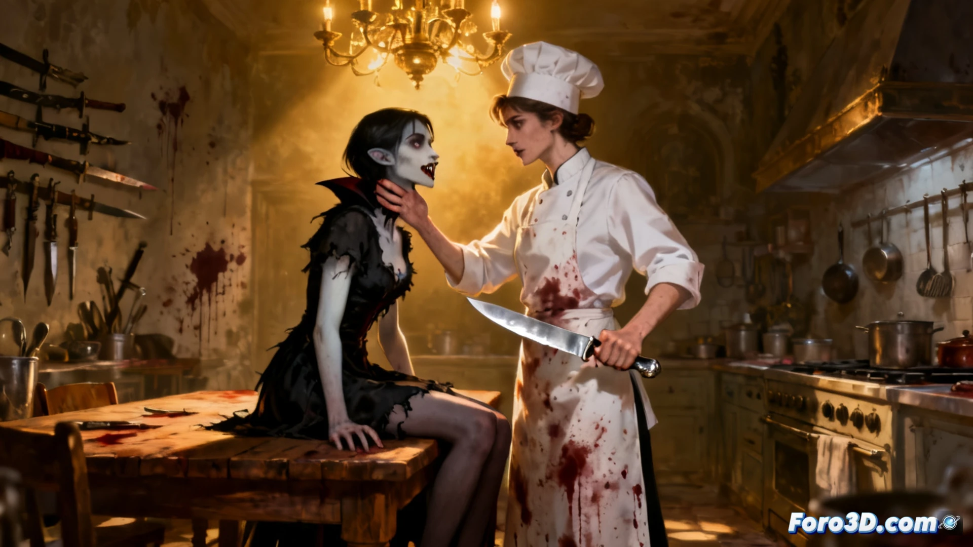 vampire woman with pale skin and sharp fangs holding a glowing synthetic blood bag labeled with expiration dates, watching a cooking show on a vintage television where a chef in a blood-stained apron dismembers vampire bodies with a cleaver, kitchen counter covered in technical dissection tools like bone saws and syringes, while a translucent ghostly silhouette of a person being absorbed emerges from the vampire’s chest, cinematic horror illustration, dim neon lighting, metallic surgical instruments reflecting blue light, photorealistic dark fantasy render, ultra-detailed skin texture and blood splatter, dramatic chiaroscuro shadows