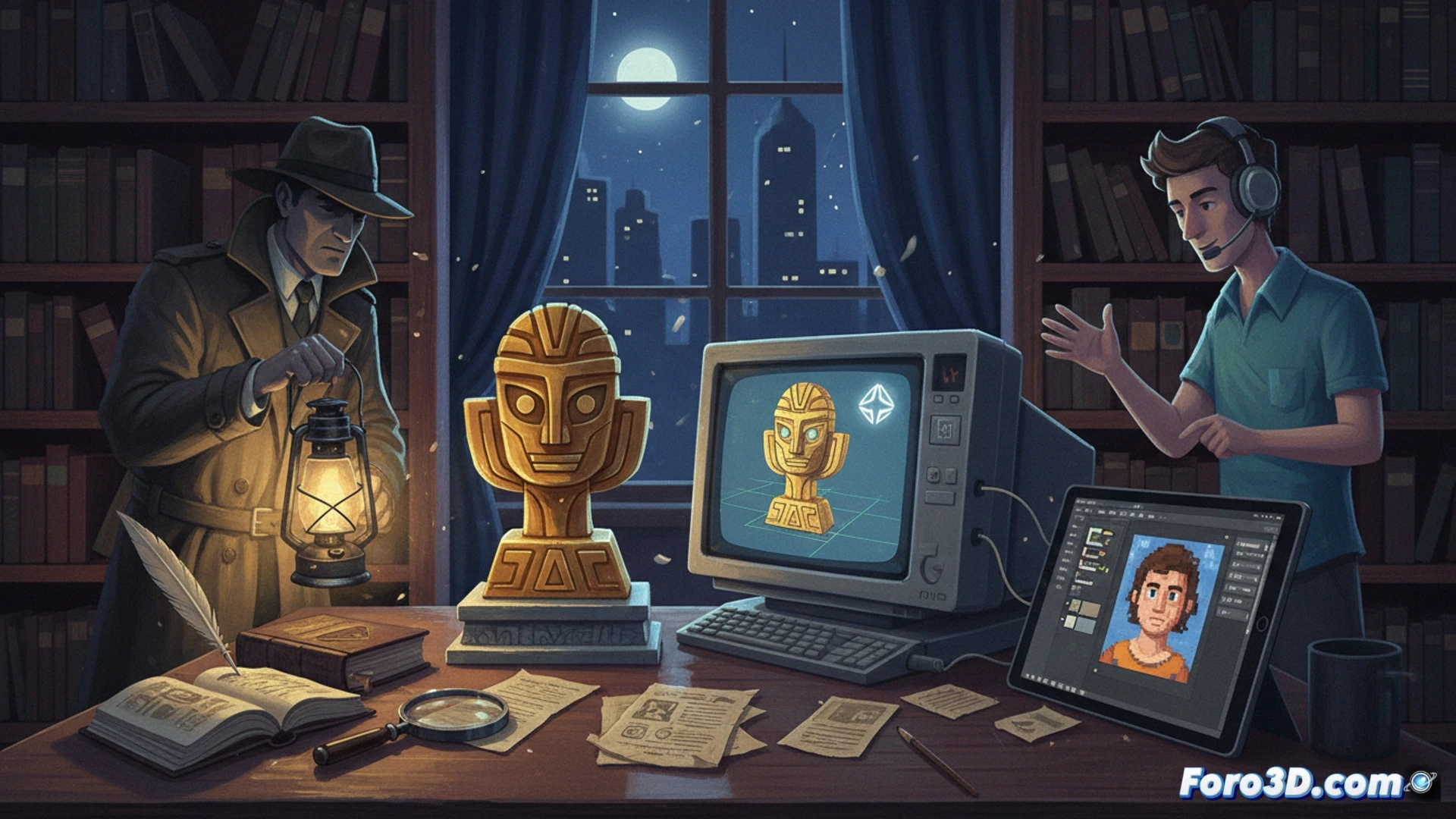 Captura de The Case of the Golden Idol con su estilo pictórico y personajes grotescos en una escena de investigación