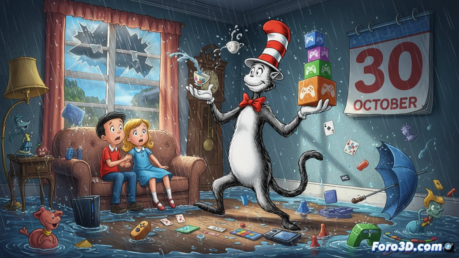 cuatro niños sentados en un círculo en una alfombra de sala de estar, sosteniendo mandos de videojuego inalámbricos, mirando una pantalla de televisión grande donde aparece el Gato en el sombrero saltando entre muebles con paraguas giratorios, mientras llueve afuera de la ventana, minijuegos de fiesta en pantalla dividida mostrando iconos de objetos voladores, consola PlayStation y controles Switch sobre la mesa, estilo cinematográfico de ilustración técnica, iluminación cálida de lámpara, textura de alfombra y sofá detallada, render fotorrealista, ángulo cenital ligero