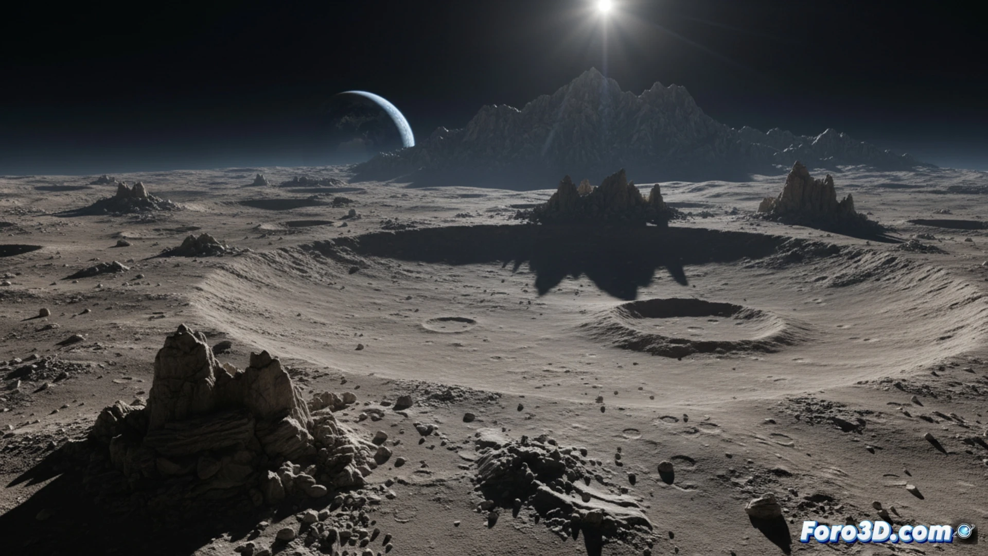 Superficie lunar realista en Unreal Engine 5 con cráteres y sombras dinámicas