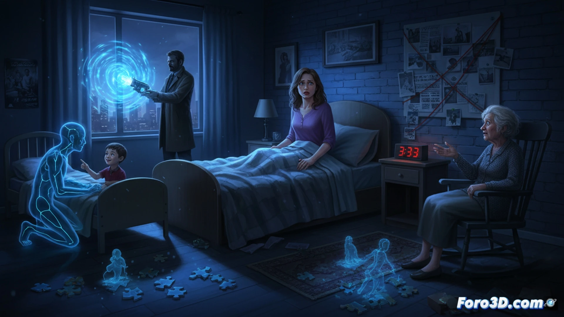 woman in wrinkled nightgown waking up at 3:33 am, alarm clock glowing red digits on nightstand, translucent ghostly figures flickering in bedroom corner, eight-year-old boy whispering to empty chair, police evidence board with pinned crime scene photos and red string connections, detective examining case files under dim desk lamp, cinematic crime thriller visualization, cold blue moonlight streaming through window, dust particles floating in beam, subtle supernatural glow around invisible presence, photorealistic psychological horror aesthetic, deep shadows contrasting with pale skin, motion blur on clock hands, hyper-detailed room textures, tense atmospheric lighting