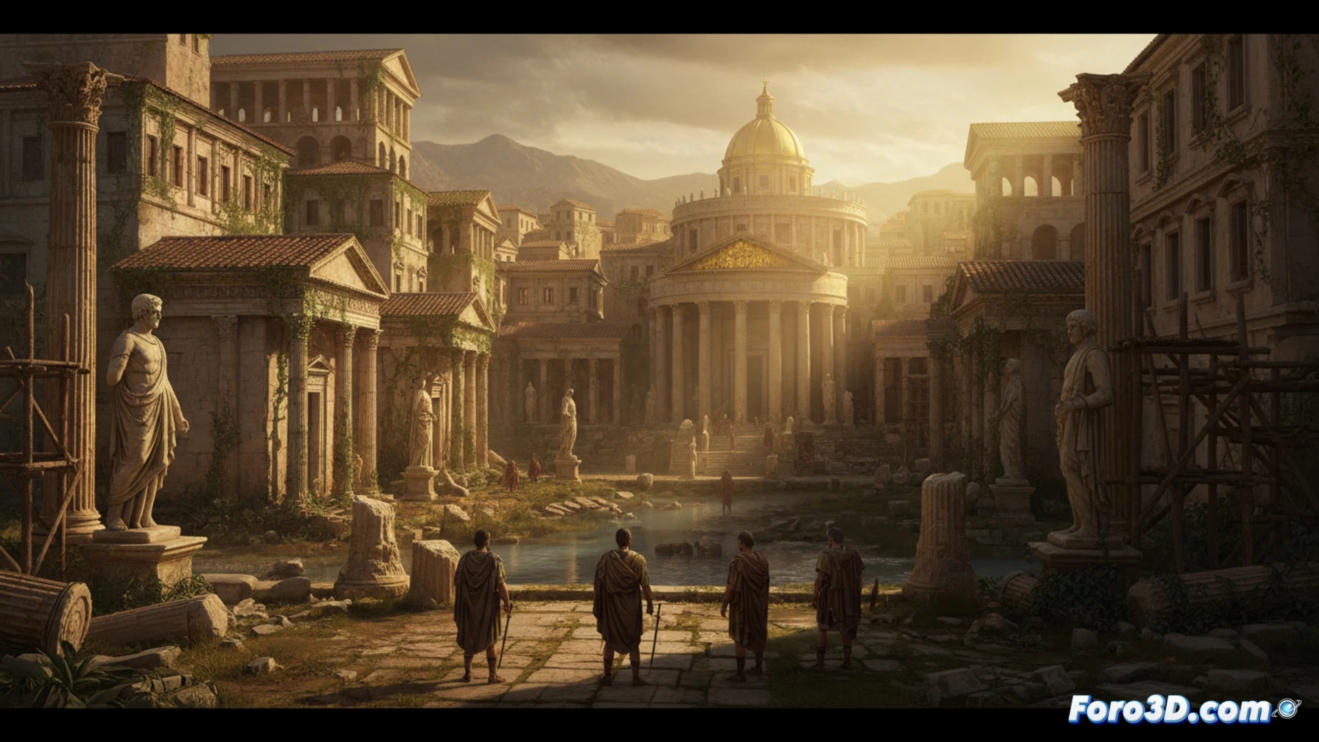Ciudad romana recreada con detalle en Unreal Engine 4, iluminación global y modelado arquitectónico preciso