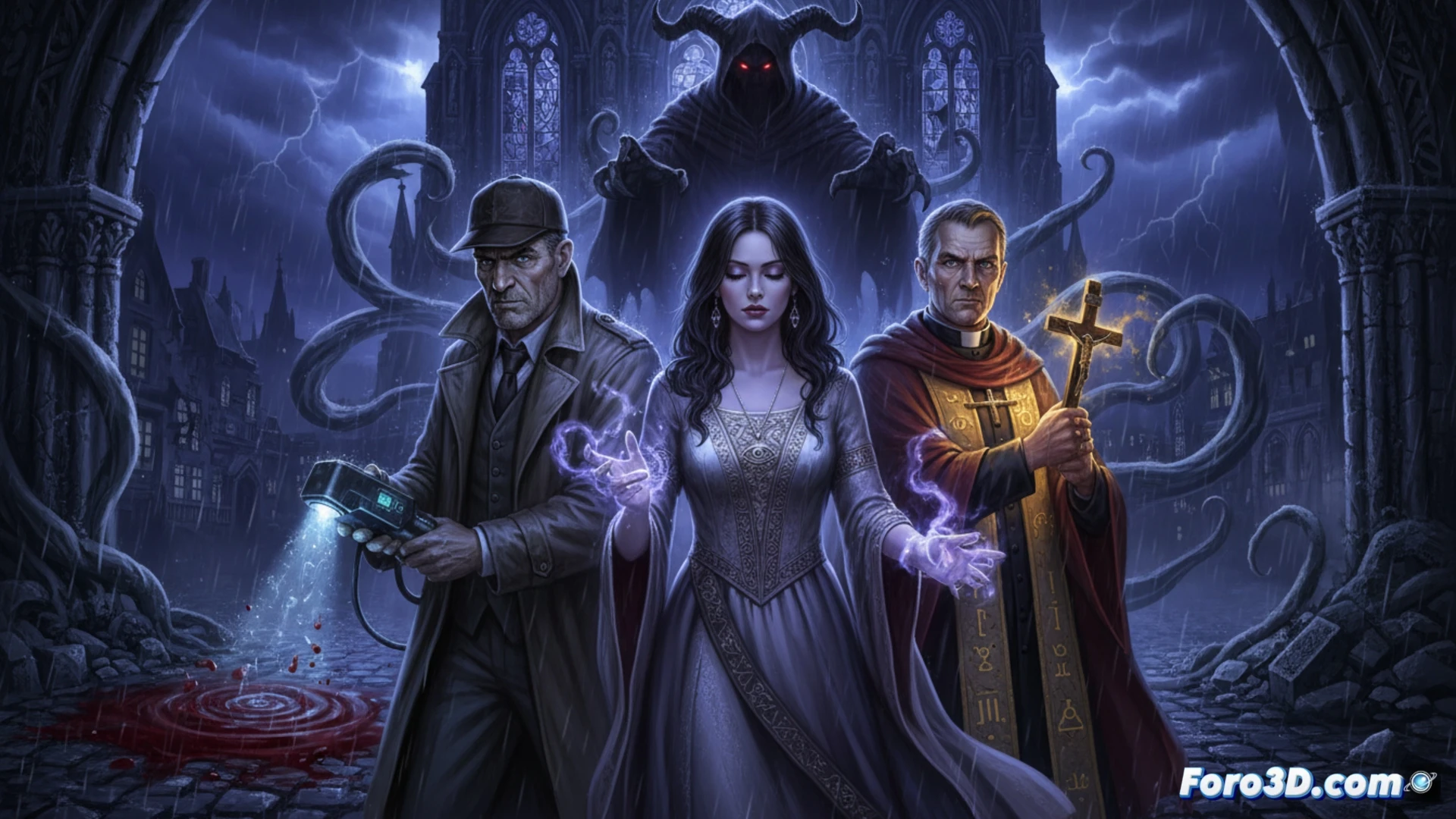 Tres figuras en un sótano oscuro: un detective con lupa, una médium con velo y un sacerdote con cruz, frente a una sombra demoníaca.