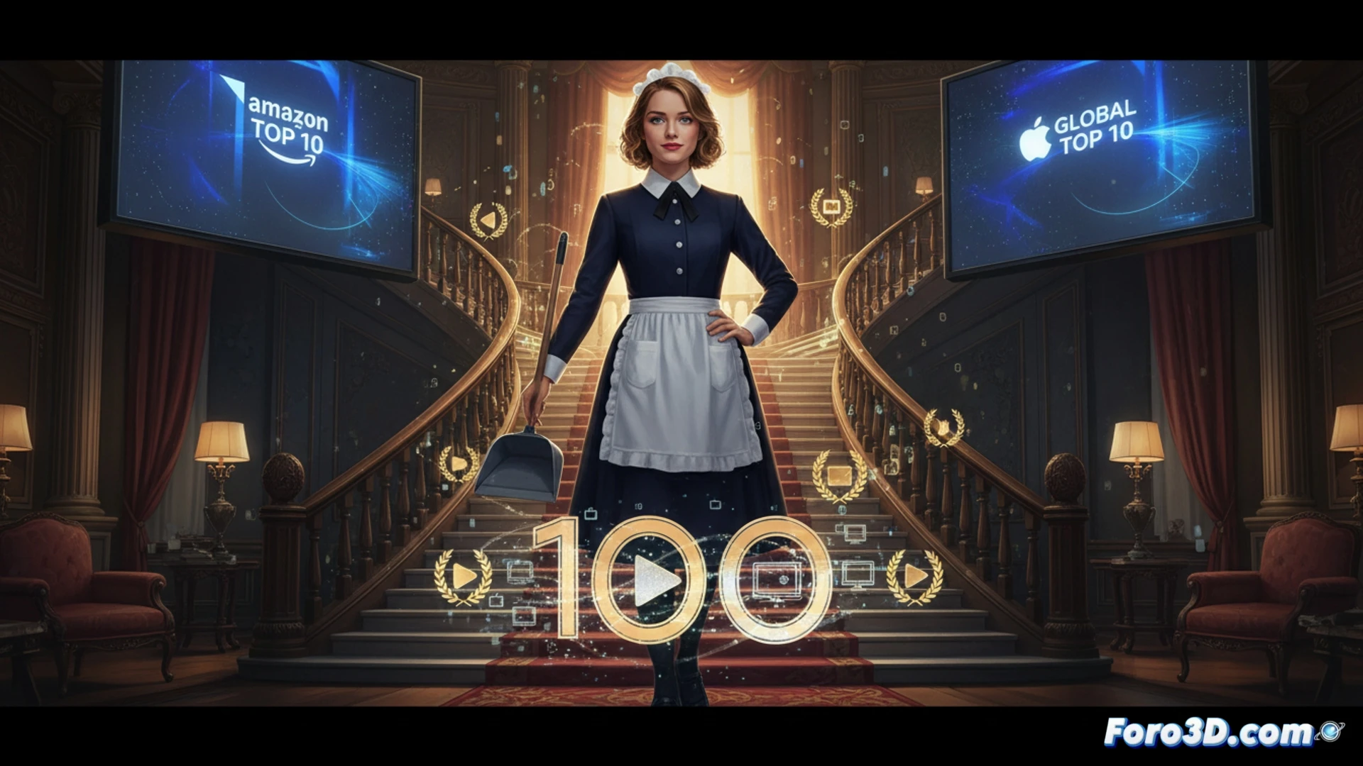 Sydney Sweeney character scrubbing a bloodstained marble floor in a luxurious mansion, cleaning brush in gloved hand, a laptop on a nearby table displaying a streaming platform top 10 chart, Amazon Prime Video interface visible on screen, red digital numbers climbing, cinematic photorealistic style, dramatic shadows from a single overhead chandelier, tense atmosphere, wet floor reflecting light, smeared red stain partially erased, cleaning spray bottle with technical label, ultra-detailed interior, high contrast lighting, realistic texture of marble and fabric